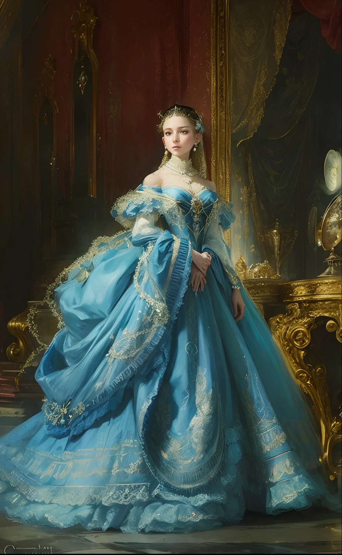 Formal and Official Coronation Portrait, Portrait of a stunningly beautiful young blonde Princess wearing A Stately and Elaborate Royal Cinderella Court Gown and an hourglass waist, adorned with bows, embroidery, and jewels, , pearl necklace and earrings