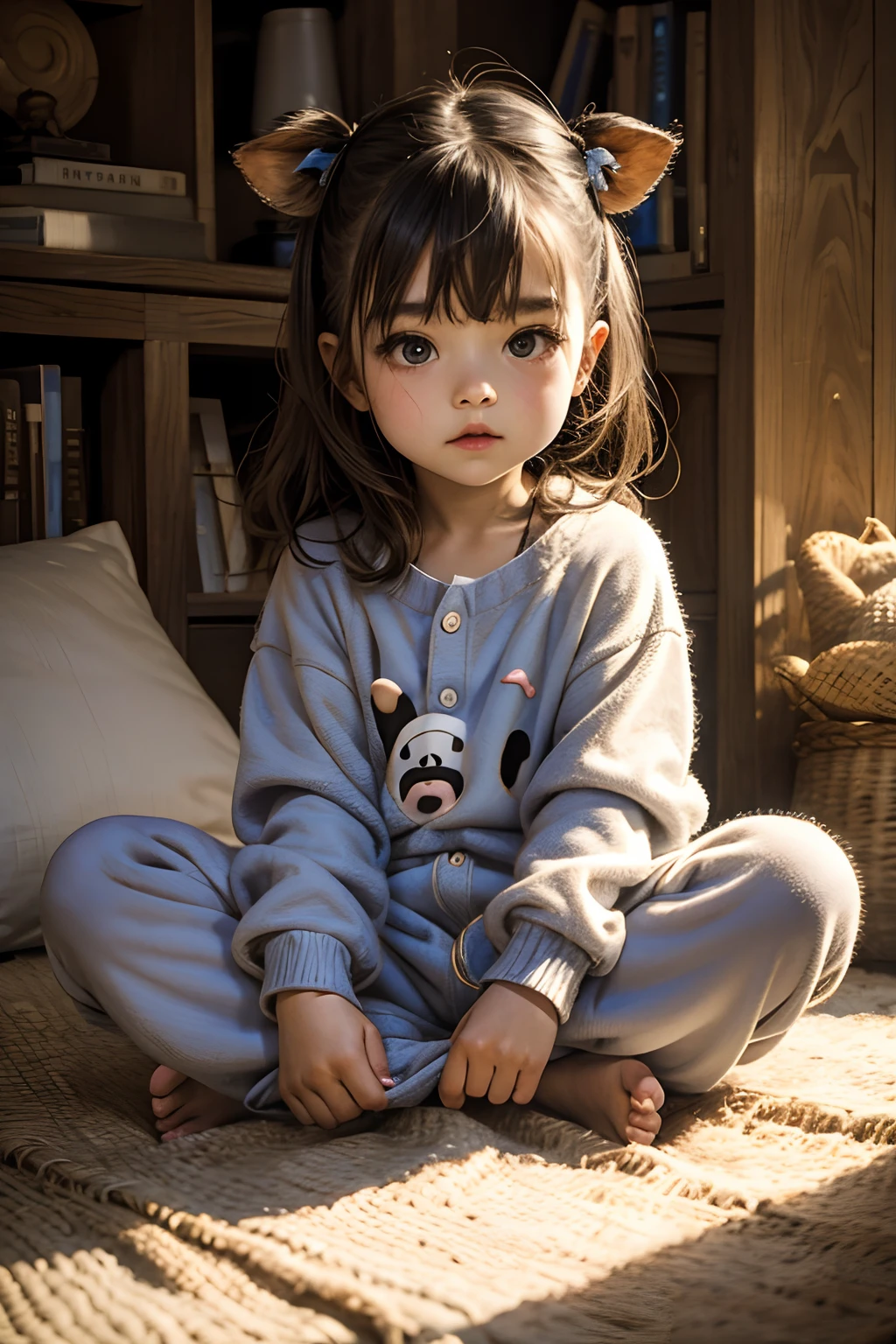 (NSFW:0.9),(:1.4), solo, full body, sitting, dynamic angle, white hair, flat chest, frilled, 3yo, brown hair, long hair, night, starry sky, dark, sleepy, want to sleep, animal ears hood, holding teddy bear, covered breasts,shy, blush,A young gir...