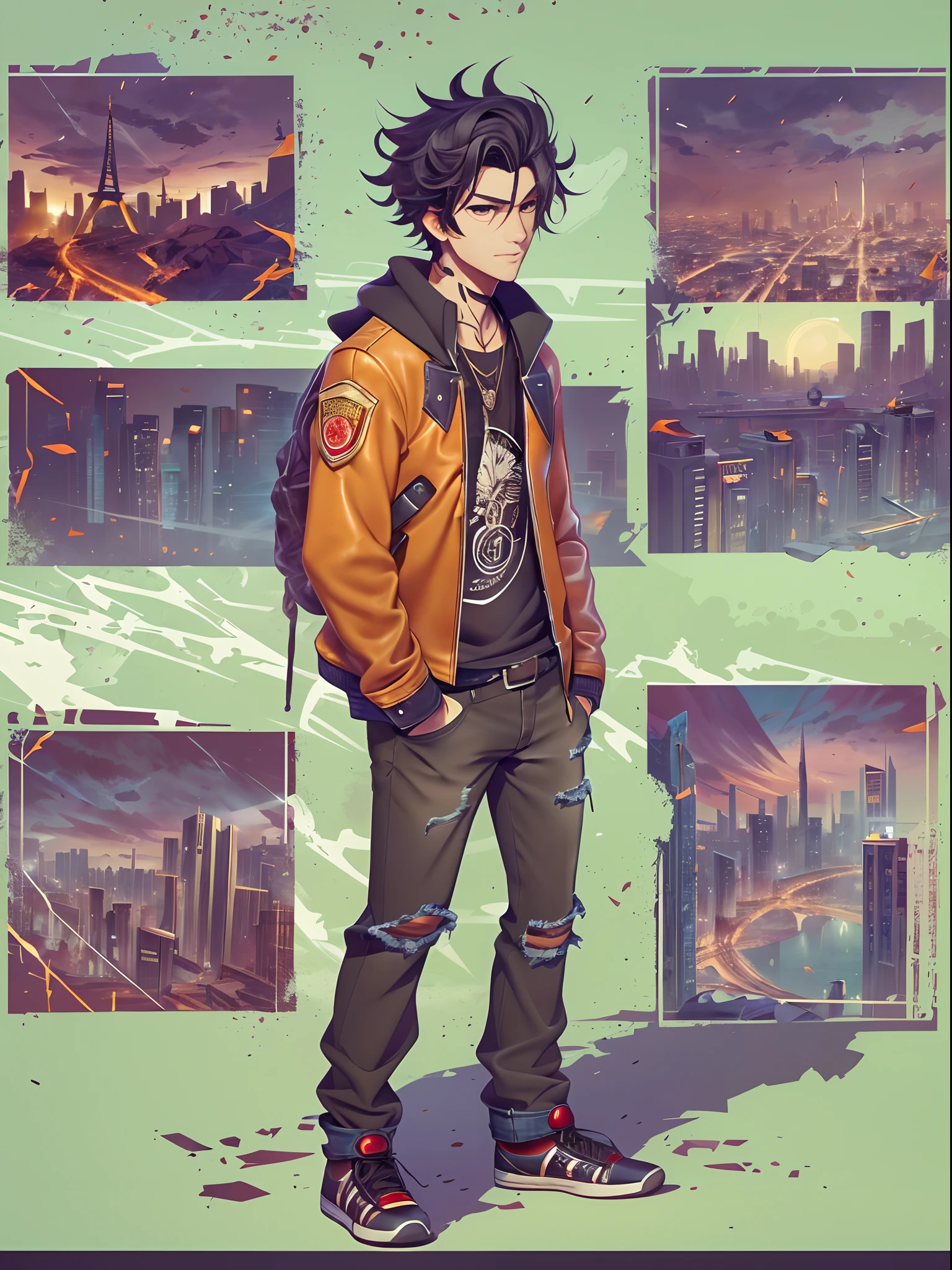 (masterpiece, best quality), intricate details, 8k, artstation, wallpaper, official art, splash art, sharp focus,, 1man, young man in his early twenties with disheveled black hair and expressive hazel eyes. wears a leather jacket over a graphic T-shirt, paired with worn jeans and comfortable sneakers. works as a bookstore clerk. known for his witty and sarcastic sense of humor, but underneath, he carries the weight of his past traumas, making him a complex and relatable protagonist. Theme = Urban Fantasy. Imagine background = Destroyed City