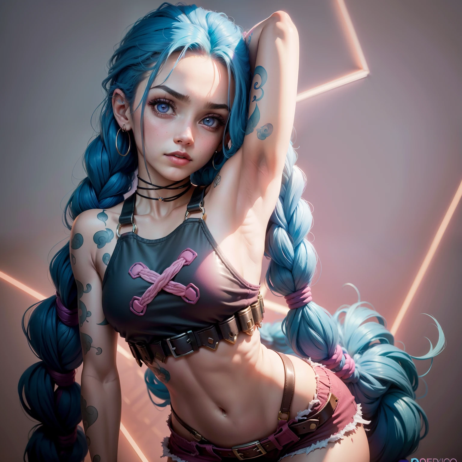 o fundo e um letreiro em neon, obra-prima, alta qualidade melhor qualidade, micro short, (calcinha rosa aparecendo), hair with two long braids, cabelo azul, jinx , young female, 14 anos, 1girl, solo, olhando para o espectador, olhos rosa detalhados, umbigo, nome do personagem, olhando para o espectador, seios pequenos, arm tattoo, tatuagem de barriga, pequenos shorts apertados, ((show armpits)) mostrando a bunda, shorts muito curto, baixa estatura, armpits pov