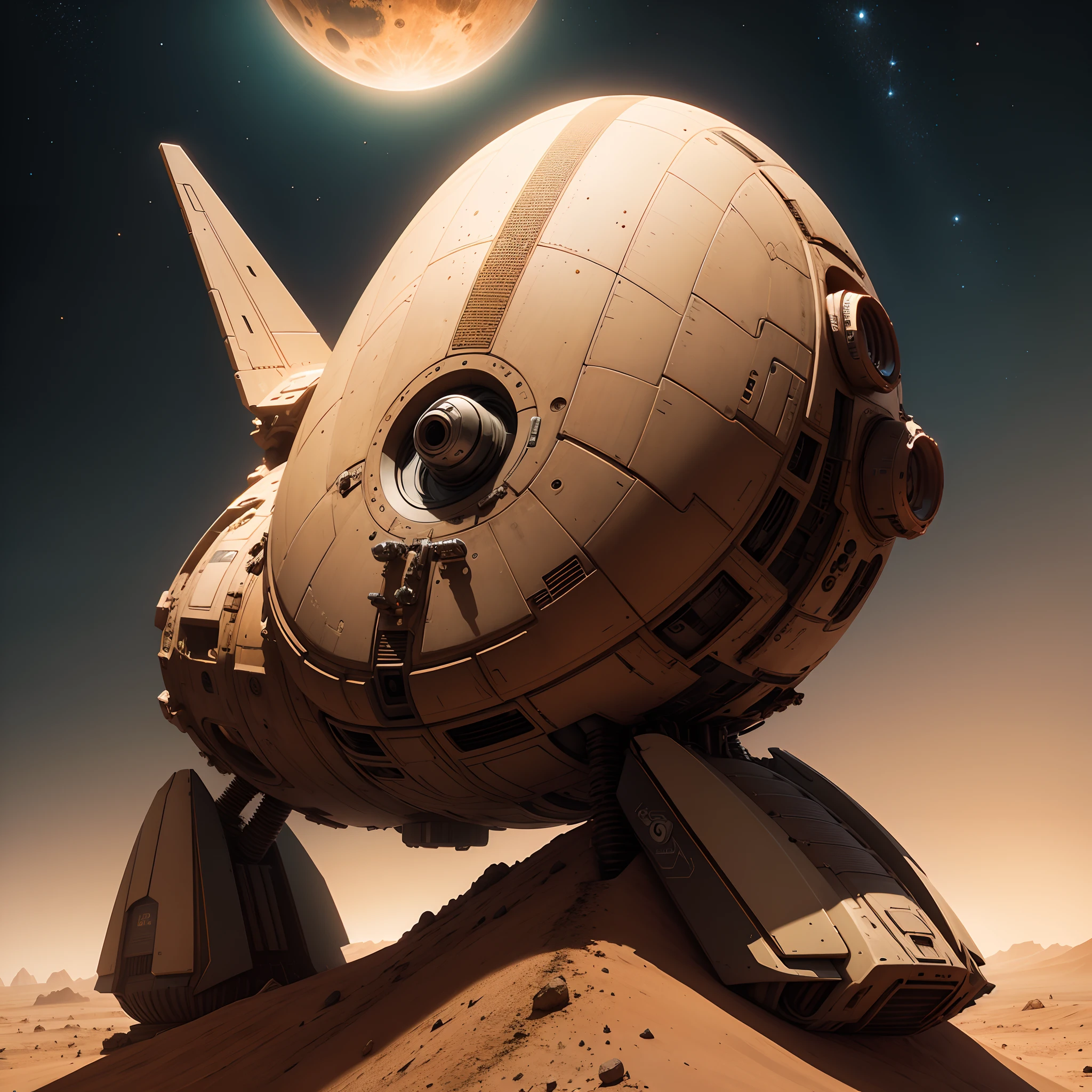 Modern spaceshio on a mars ,alien, 8k, micro detail, illustration