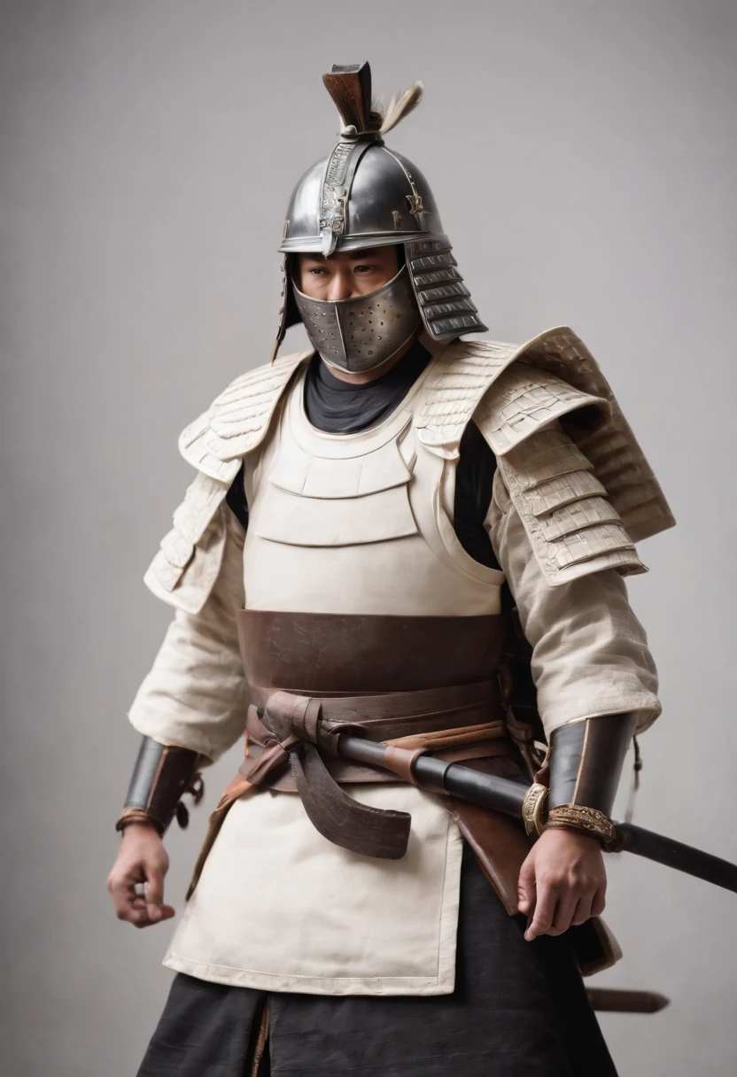 O-yoroi, armadura samurai sentada, with no one using it, Olympic white background