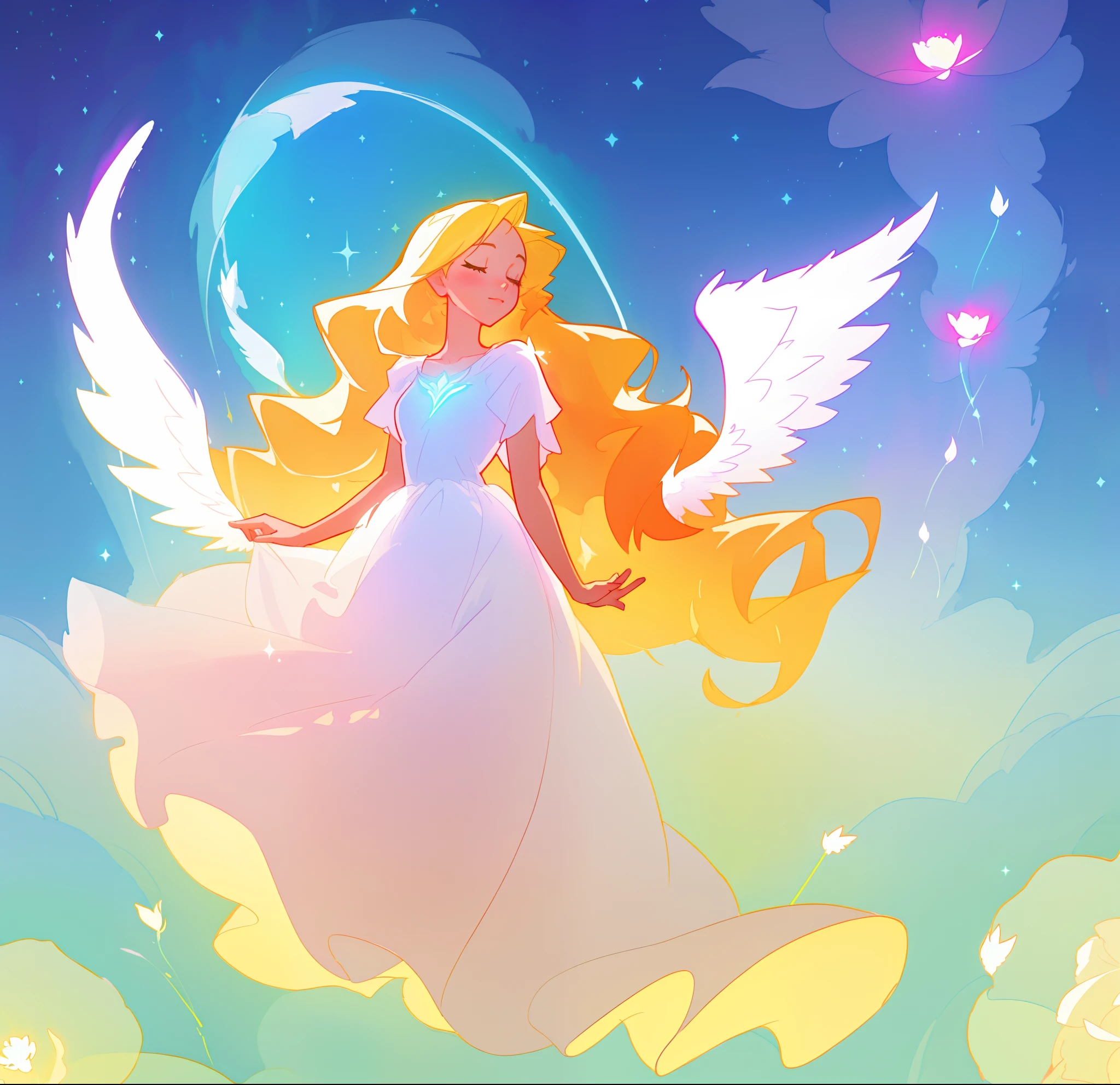 beautiful girl in flowing white dress, (glowing angel wings), glowing flowing ballgown, long wavy hair, sparkling angel wings, watercolor illustration, flowers and colorful plants, inspired by Glen Keane, inspired by Lois van Baarle, disney art style, by Lois van Baarle, glowing aura around her, by Glen Keane, jen bartel, glowing lights! digital painting, flowing glowing hair, glowing flowing hair, beautiful digital illustration, fantasia otherworldly landscape plants flowers, beautiful, masterpiece, best quality, anime disney style