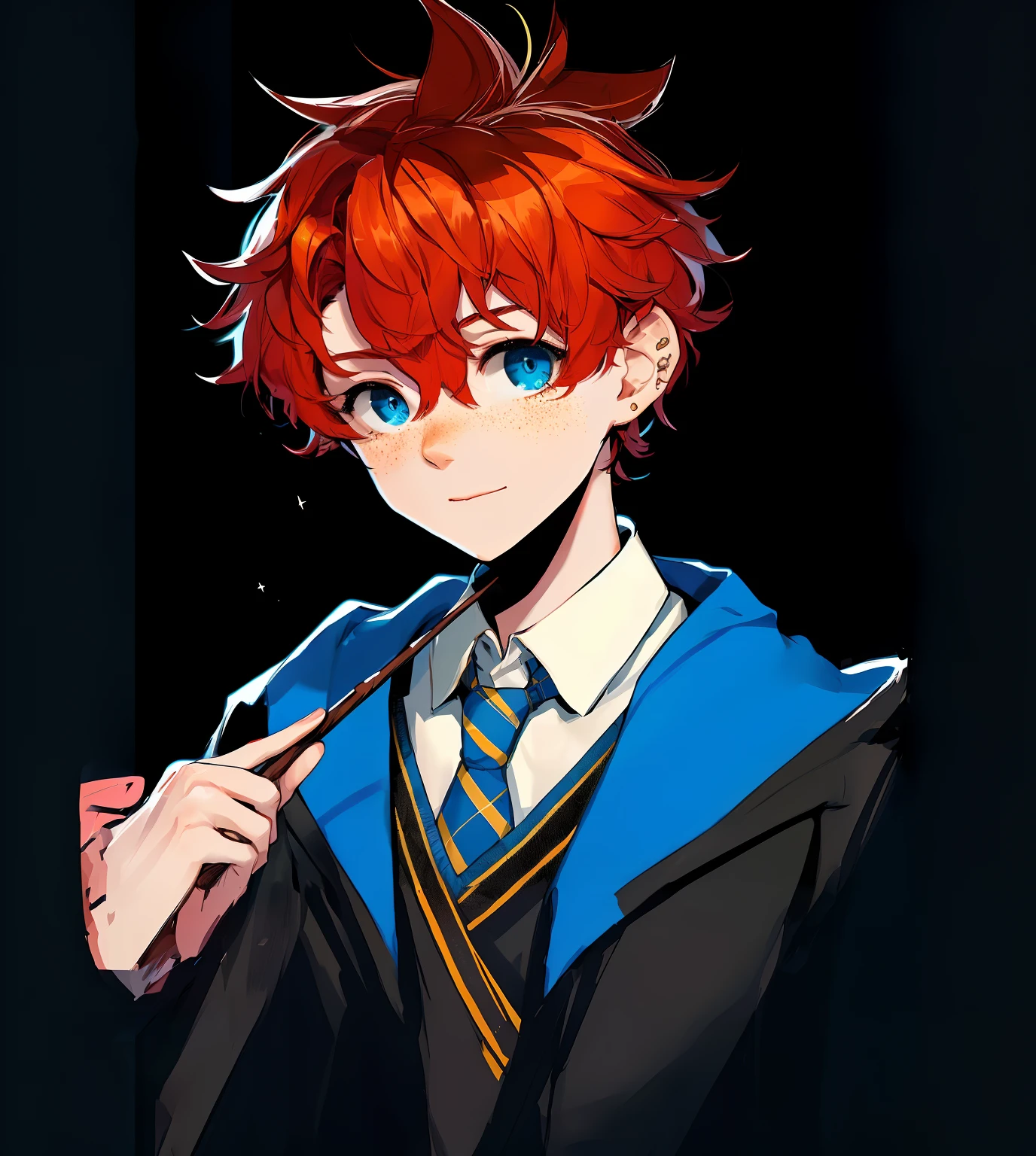 1boy, retrato de corpo inteiro, Menino de anime com cabelo vermelho e olhos azuis segurando uma varinha, laranja - menino anime cabelo, jovem bruxo, cara de anime alto com olhos azuis, feito com anime painter studio, Menino adolescente de cabelos ruivos, Rony Weasley, pintado em anime painter studio, menino anime, arte anime de alta qualidade, fanart requintada altamente detalhada, cara bonito na arte demon slayer, em estilo anime