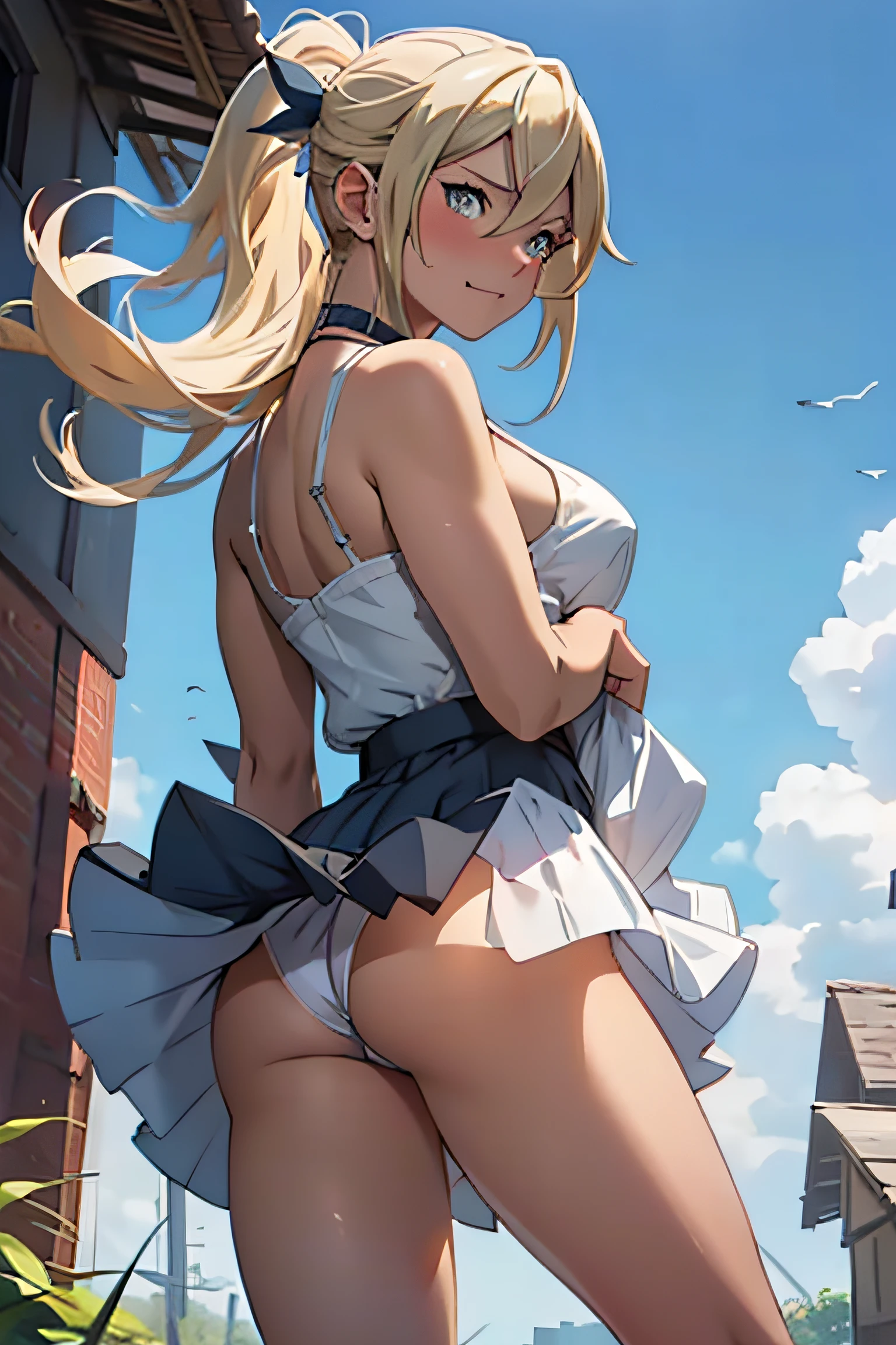 Lucy Heartfilia, from fairy tail, ((blow upskirt)), ((skirt lifted by wind)), ((panty fully exposed)), ((wind from front)), ((embarrassed)), blush, super detailed skin, masterpiece:1.4, photorealistic, best quality, beautiful lighting, intricate, high detail, sharp focus, (vibrant color fashion), (raw photo, 8k uhd, film grain), subsurface scattering, {solo}, beautiful detailed eyes, close to viewer,