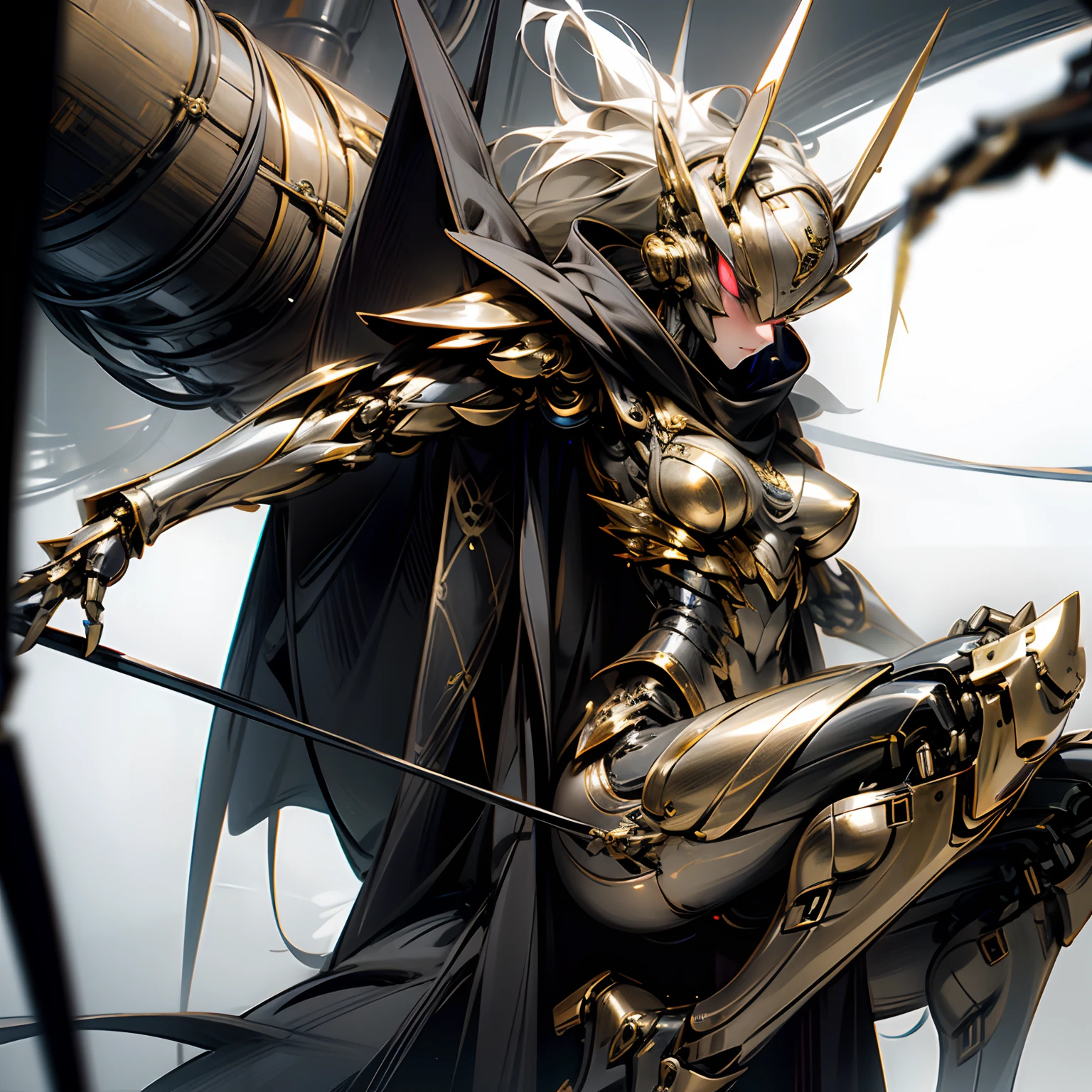 Masterpiece, sexy, robotic female spider, gold black armor, bipedal, spider legs on back