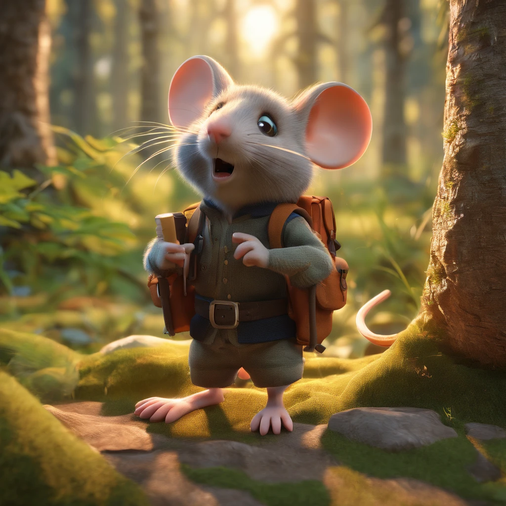 mouse, kilt, backpack, hiking boots, 3d rendering, forest background