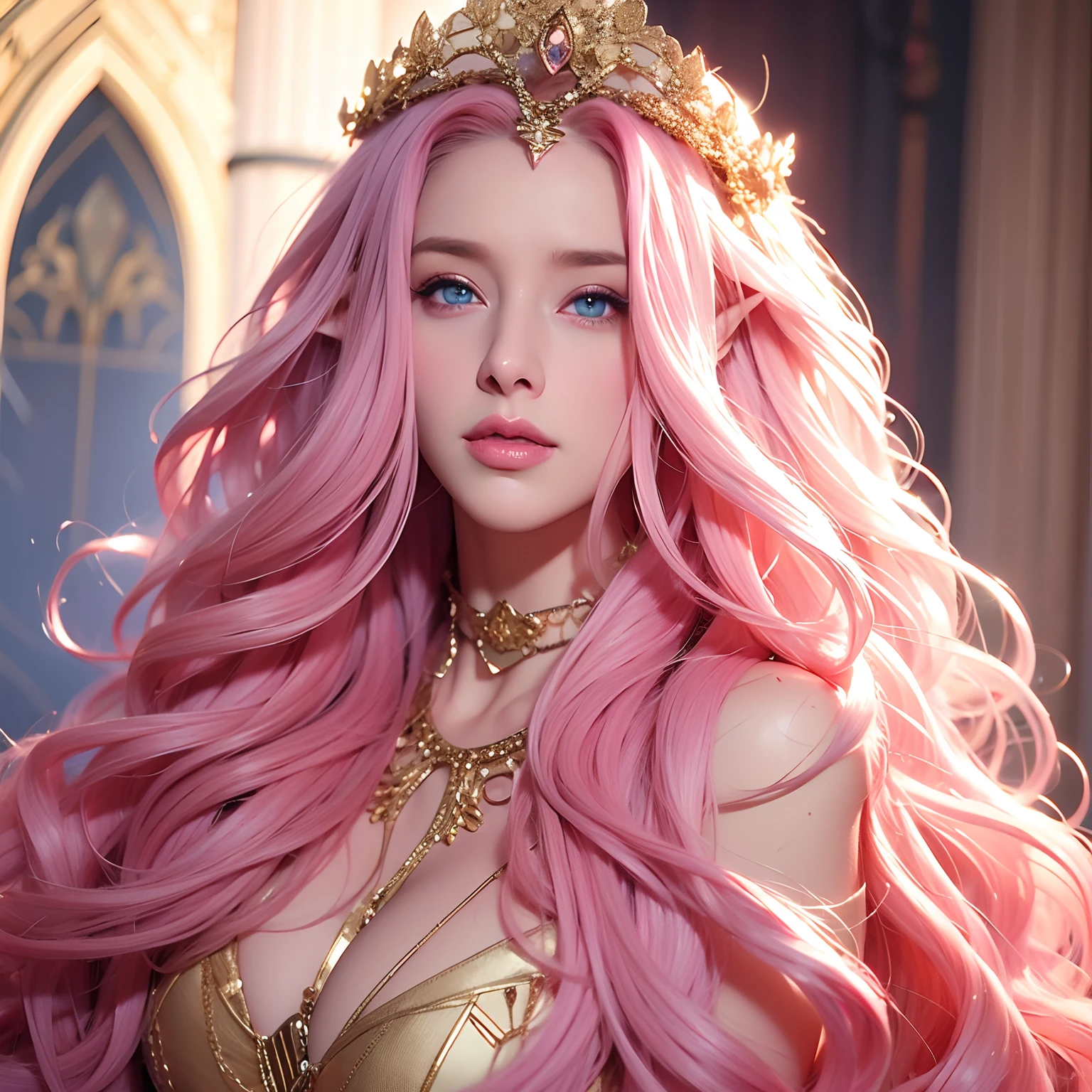 Woman, long curly hair, pink hair, blue eyes, elf,Queen, crown, sexy, golden outfit