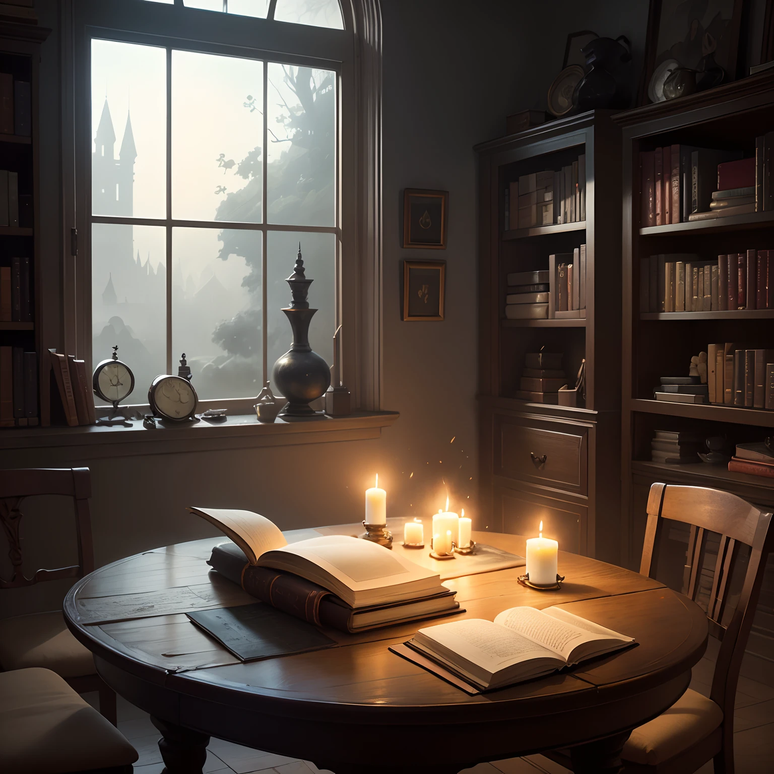 A table with many books by the window、Dark Fantasy Digital Art、Oil painting of magic book and ghost、Pinterest isolated on black background、Spell Potion、labo、Evil atmosphere、Drooping candles、dusty library、alchemy、Magic of the Earth、Hekat