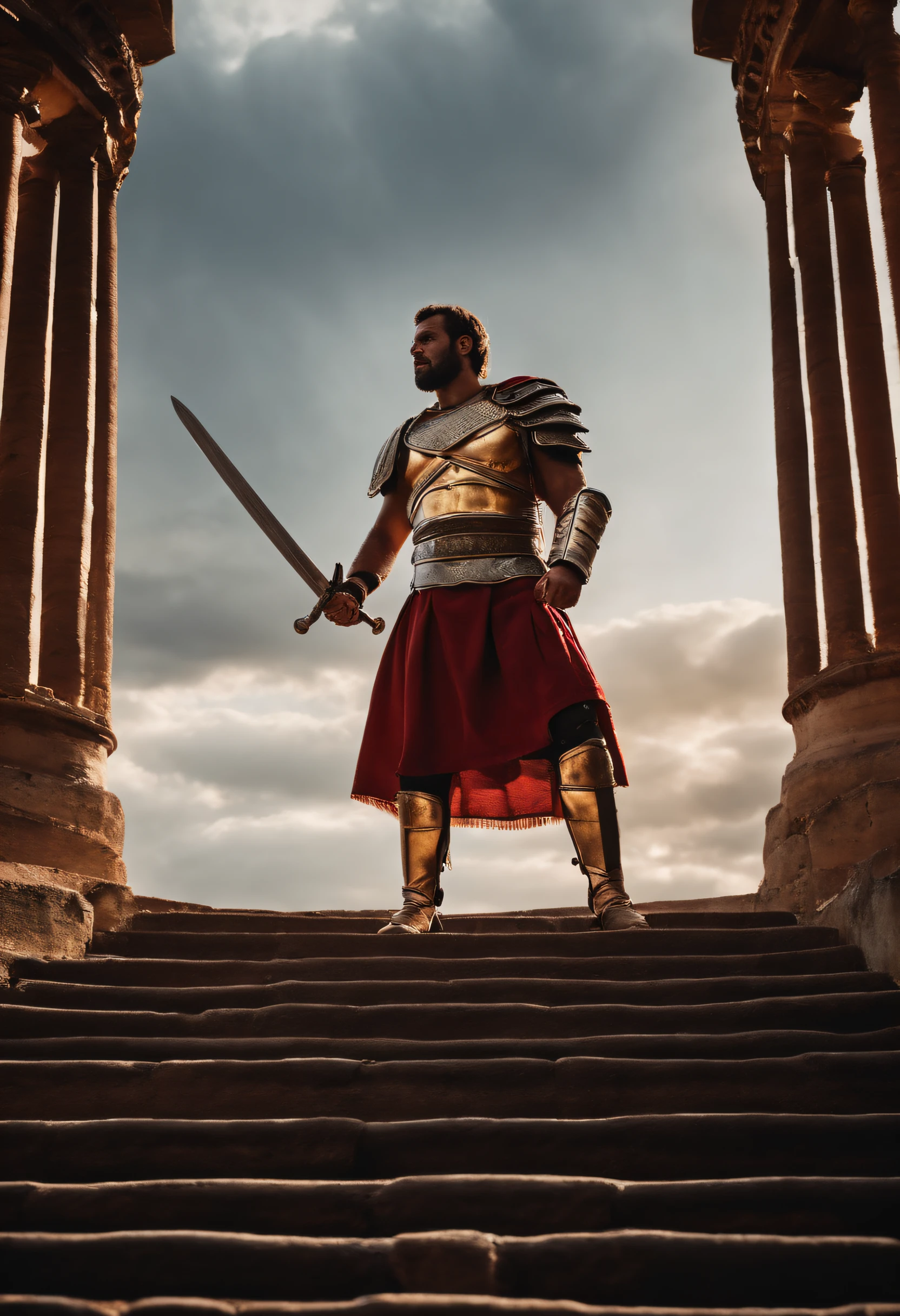 A brave gladiator stands at the top of the Colosseum steps, sword in hand, ready to fight a lion in a battle to the death.