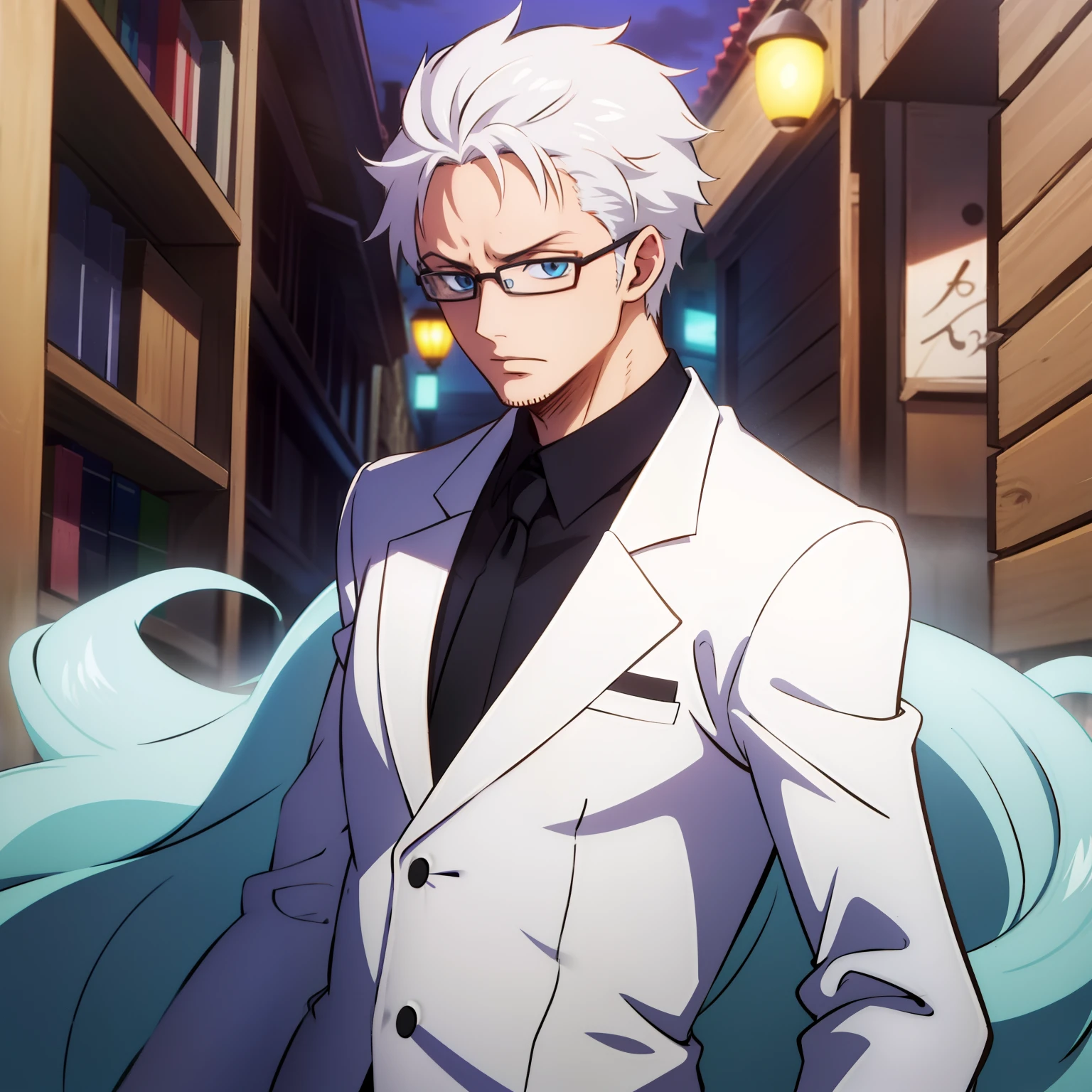 White-haired male anime character wearing blue-eyed glasses wearing the black suit