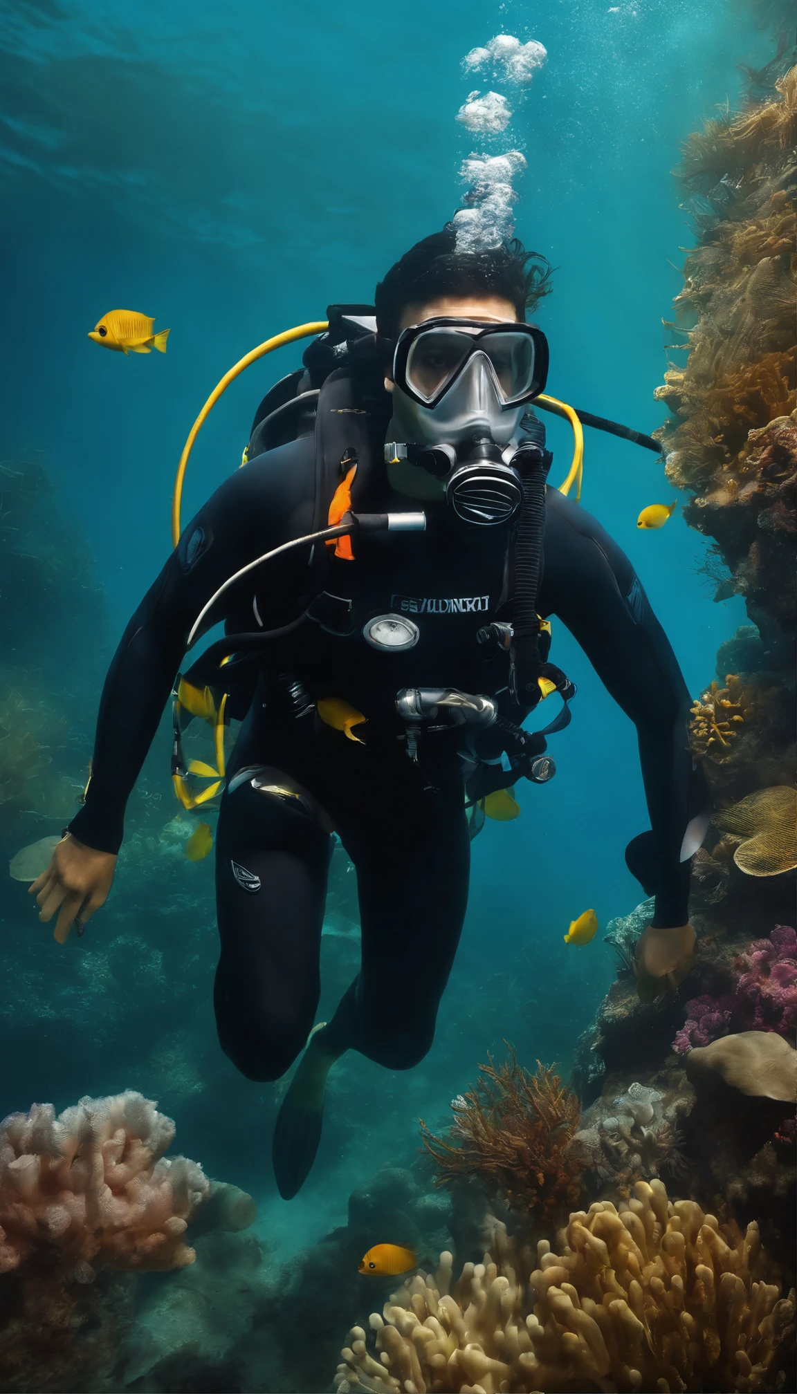(best quality,ultra-detailed),(realistic:1.37) full body, male scuba diver with short black hair turning left in the open water wearing a diving mask and regulator in his mouth. He holds a knife in his right hand while his face is partially looking to the right. The surroundings are devoid of fish. The artwork is depicted with vivid colors to capture the realistic underwater atmosphere. The lighting effects bring out the fine details of the diver's equipment and the natural refractions of light in the water.