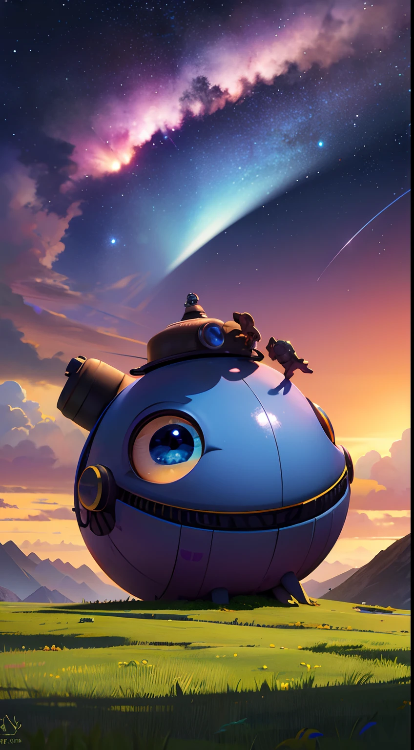 (ultra-detailed, highres, best quality, realistic, vivid colors), cute one eyed alien, minions dancing in the air, running around, gather with friends, green blue and purple, sitting in a classic char, enjoying view, extraterrestrial being, photography , on terrain, nebulae sky, ((best shadow)), best quality
