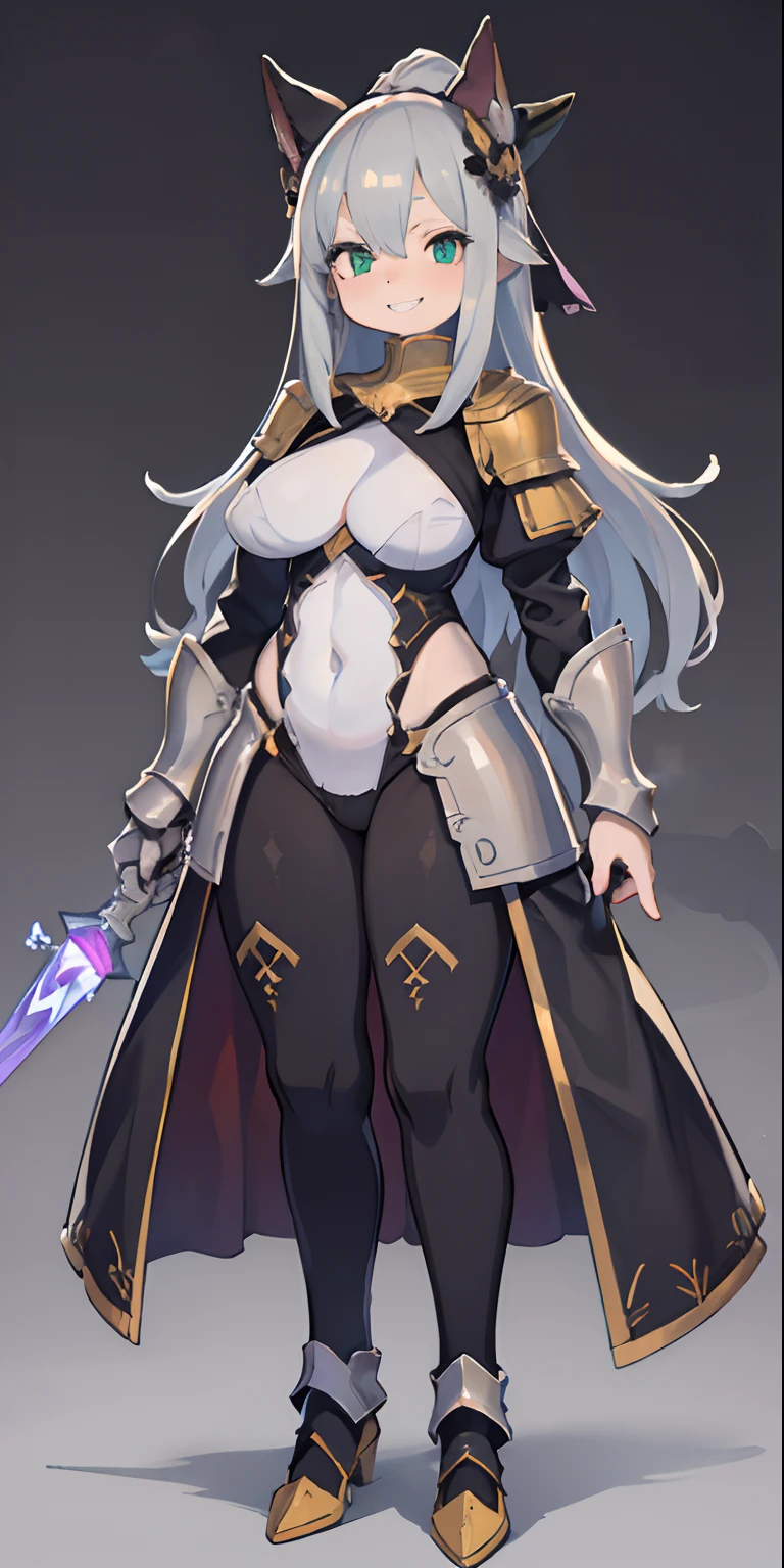 ((perfect anatomy)), a woman, 25 years old, green eyes, eyebrows, nose, hearing, mouth, detailed lips, teeth, hair, (smiling), big silver hair, neck, big chest, perfect belly, waist, armor Silver, details on the armor, medieval armor style, (covering full body), standing, ((background scene)), earth effect, halloween effect, halloween background, dark scene