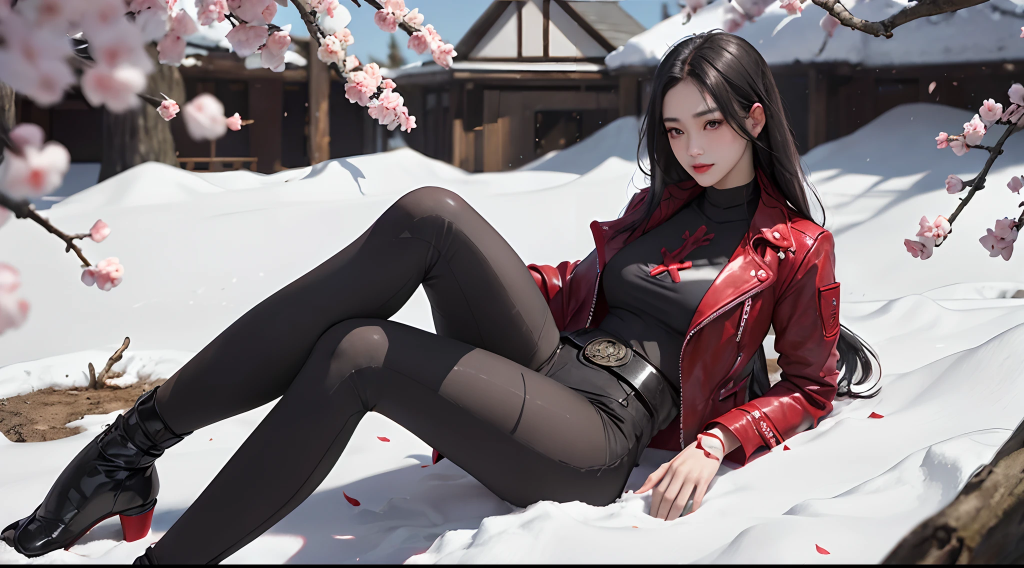 Samyang、

An 18-year-old woman, , red eyes, Red highlights on black hair, sharp eye，blurry backround, cherry trees, ssmile, look up to, Long straight hair, profile, Intricately decorated red leather jacket, Tight leather pants，cross belt，独奏,Full body close-up，Delicately reproduced realistic illustrations，Realistic skin texture reproduction，Sakura blizzard

、((​masterpiece))