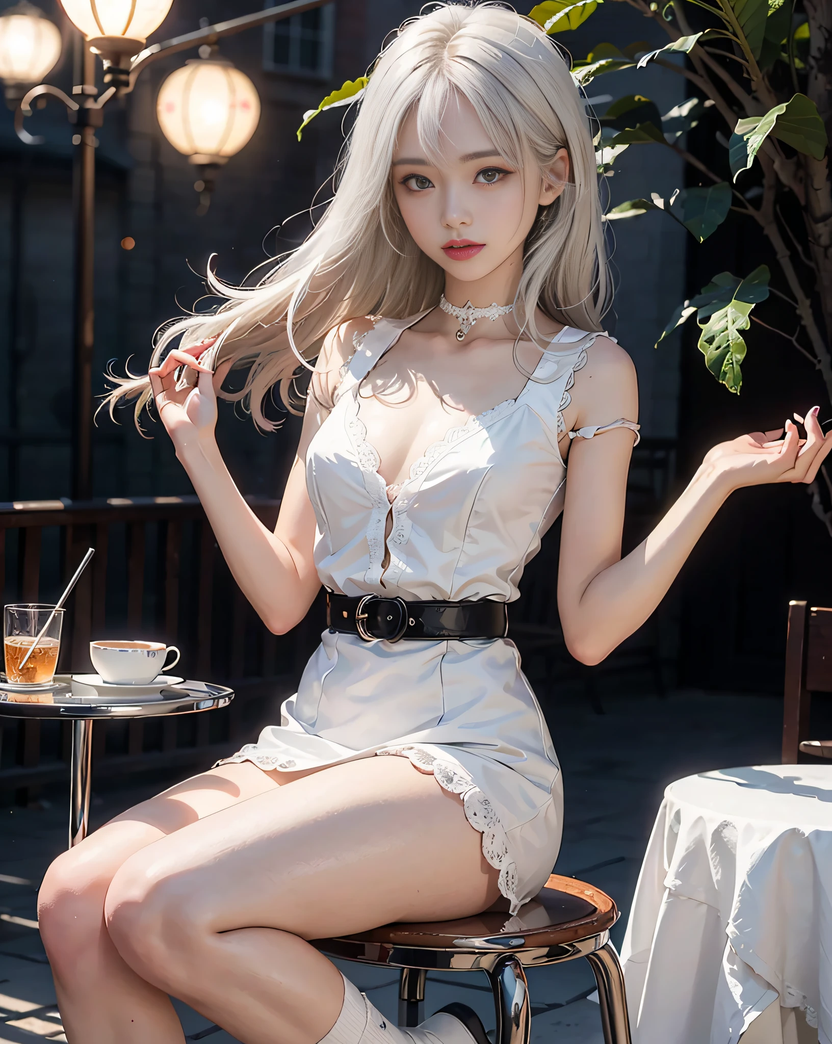 Front Angle、(8K、top-quality、masterpiece:1.2)、(realisitic、Photorealsitic:1.37)、super-detaild skin、1 girl in、Look at your audience with a smile、Beautiful detailed sky、Detailed Cafe Street、Legs open、full_Body、small head、Complex choker、Cute legs:1.2、long legged:1.2、Slim legs、high-heels:1.3、white sock:1.4、Medium chest、high-waisted、narrow waists、off shoulders、a belt、Short bottom、beatiful detailed eyes、 during daytime、Warm tones、White lace、(length hair:1.4)、Silver midium hair、de pele branca、Cinematic Light、streetlights、(Tea table:1)、(hand bag:1)、ulzzang -6500-v1.1:0.66、