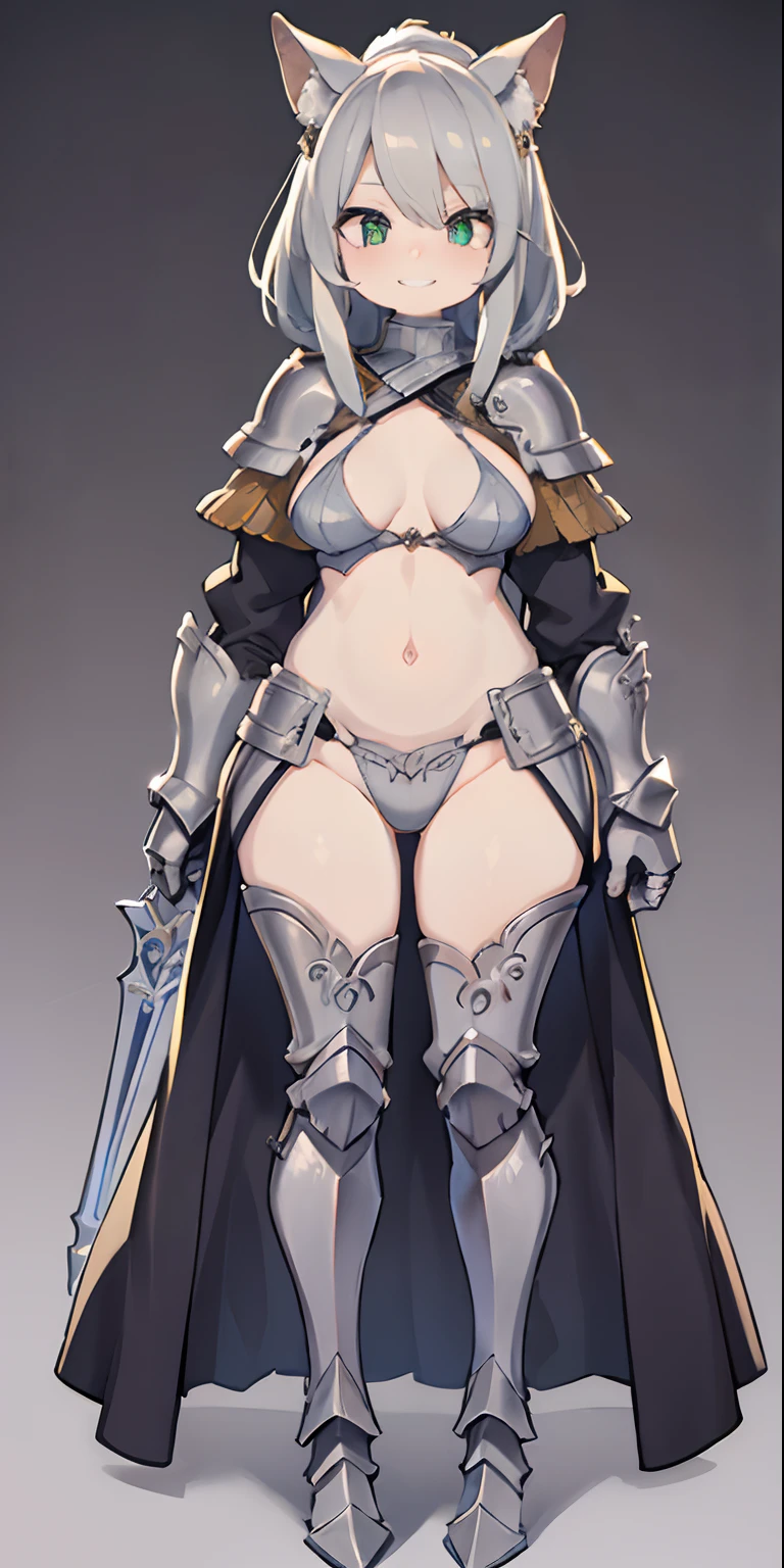 ((perfect anatomy)), a woman, 25 years old, green eyes, eyebrows, nose, hearing, mouth, detailed lips, teeth, hair, (smiling), big silver hair, neck, big chest, perfect belly, waist, armor Silver, details on the armor, medieval armor style, (covering full body), standing, ((background scene)), earth effect, halloween effect, halloween background, dark scene