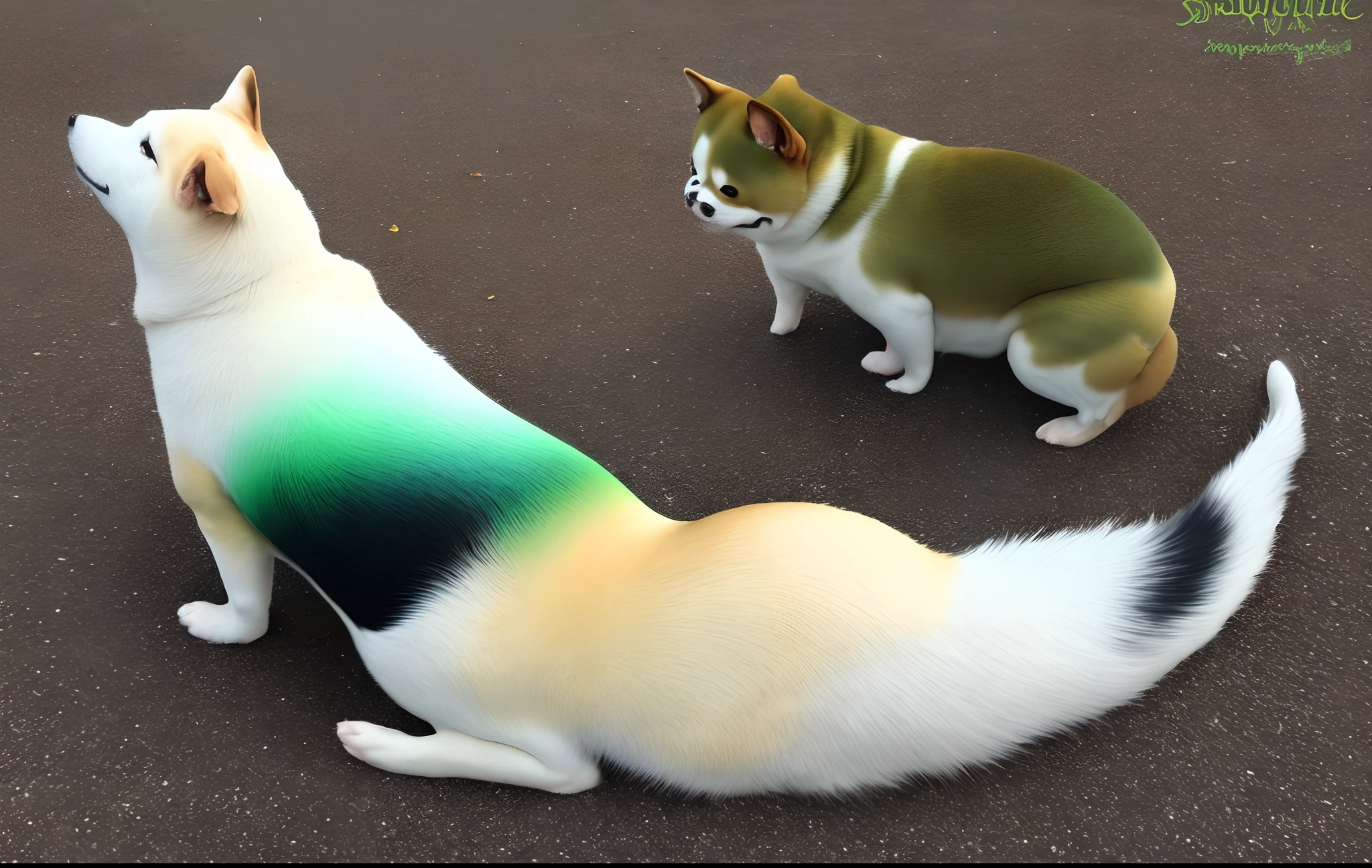 furry green and white pupils Shiba Inu Whale tail Full body from bottom to top Green and white gradient White claws