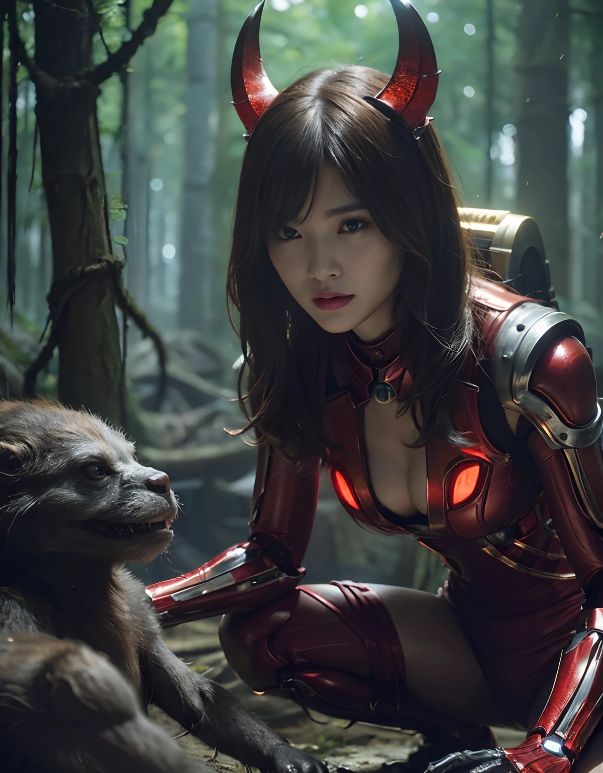 (1 Mechanical Girl)、top-quality、​masterpiece、超A high resolution、(Photorealsitic:1.4)、Raw photo、1人、Fight mutants、glowy skin、(((1 Mechanical Girl)))、With a beautiful knife、（Yellow Metal Bodysuit）、(Kobold、ogre、Fierce battle with orcs),（Fight fiercely against aliens）、Fight fiercely、(beautiful forest background)、(Fighting Demonic Beasts)、(Small LED)、((super realistic details))、portlate、(Strong giant demon beast background),globalillumination、Shadow、octan render、8K、ultrasharp、Colossal tits、Raw skin is exposed in cleavage、metals、Details of complex ornaments、Japan details、highly intricate detail、Realistic light、(Mystical expression),CGSoation Trends、Red Eyes、radiant eyes、Facing the camera、neon details、(Mechanical limbs)、(blood vessels connected to tubes)、Mechanical vertebrae attached to the back、mechanical cervical attaching to neck、(Wires and cables connecting to the head)、Gundam、Small LED、,Mechanical thighs、Toostock、（Hands are also made of machines）、（Attack of the Monster Beasts）、（Wounded in a deadly battle）、