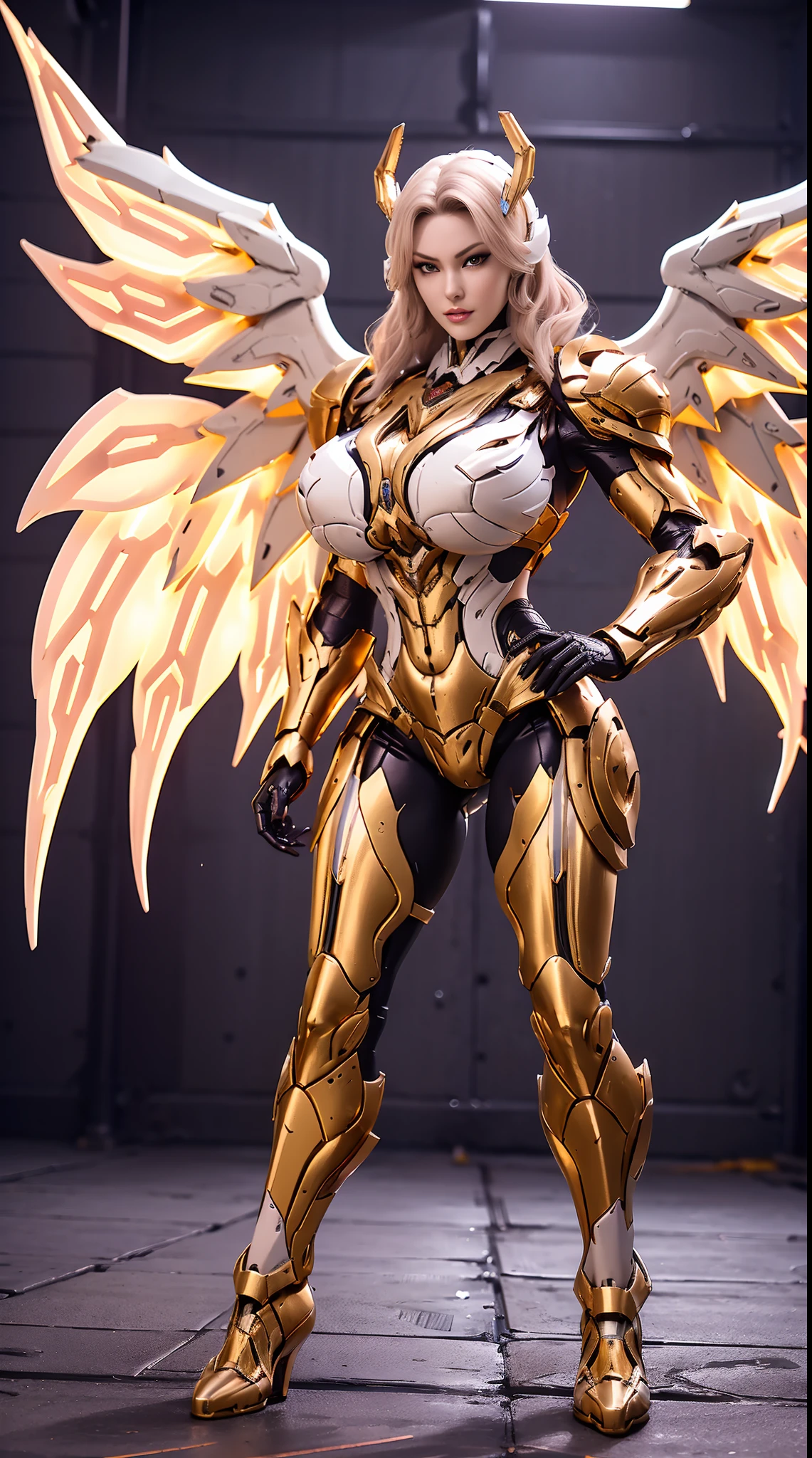 (DRAGON HEAD), HUGE FAKE BOOBS, (BEAUTIFUL FACE), (GOLD:1.2, WHITE:0.8, PURPLE:0.9), (MECHA ARMORED GEAR), (((A PAIR OF HUGE MECHANICAL WINGS SPREAD OUT))), FUTURISTIC DRAGON MECHA SUIT, (CLEAVAGE), (SKINTIGHT YOGA PANTS), (HIGH HEELS), (PERFECT BODY:1.2), (FULL BODY VIEW), FRONT, (STANDING:1), SEXY MUSCULAR BODY, MUSCLE ABS, UHD, 8K, 1080P.