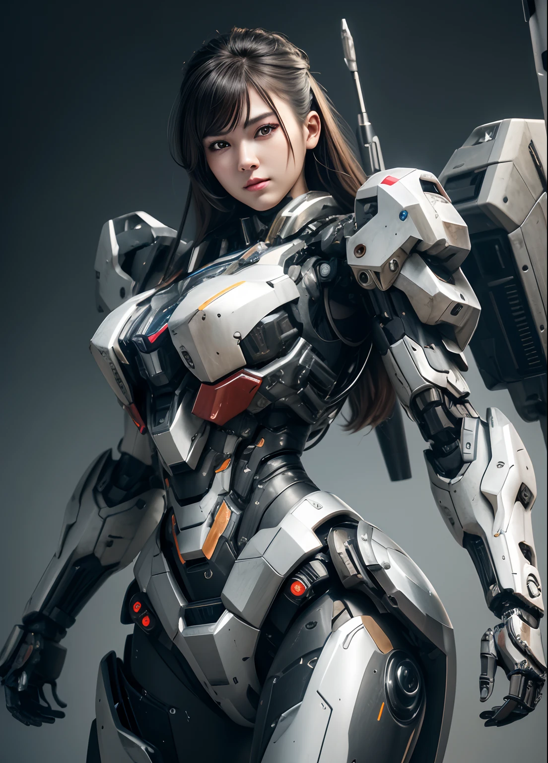 Textured skin, Super Detail, high details, High quality, Best Quality, hight resolution, 1080p, hard disk, Beautiful,(cyborgs),((Missile-shaped boobs)),(Machine gun on the back),beautiful cyborg woman,Mecha Cyborg Girl,Battle Mode,Girl with a Mecha Body,She wears a battle cyborg mech with a weapon,Fulll body Shot“A powerful cyborg woman, sleek and futuristic, with advanced mechanical augmentations that enhance her strength and capabilities, but without any overtly aggressive or violent elements.”
