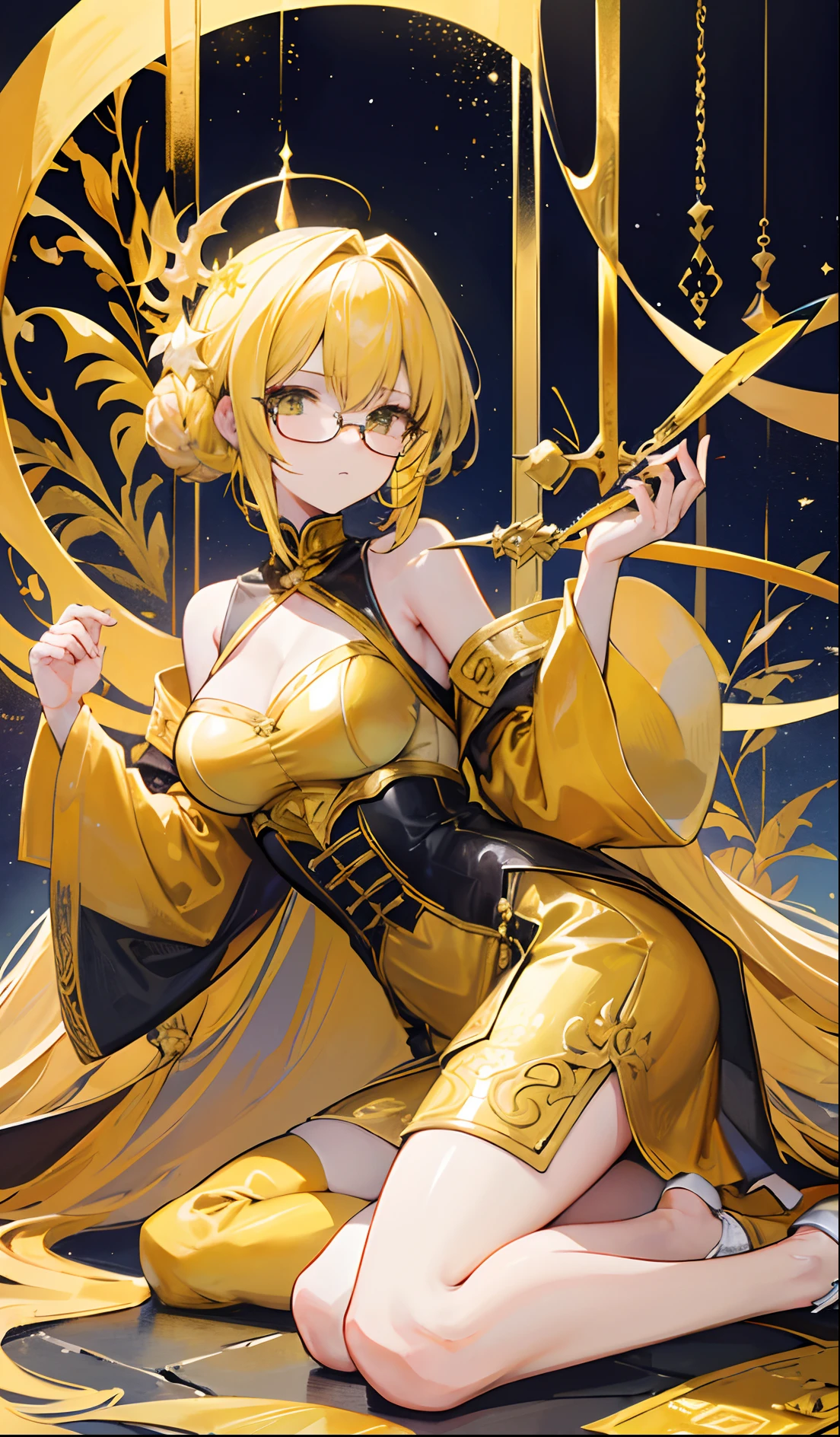 Light yellow hair，wearing golden armour，Wearing glasses is a patron saint，And the Yellow Dragon Knight，It belongs to the loli sweet girl type