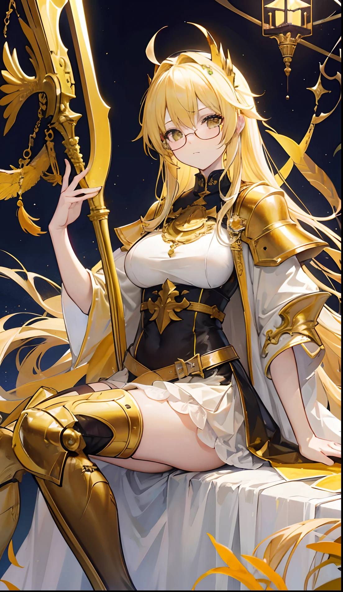 Light yellow hair,wearing golden armour,Wearing glasses is a patron saint,Also a Yellow Dragon Knight,It belongs to the sweet girl type