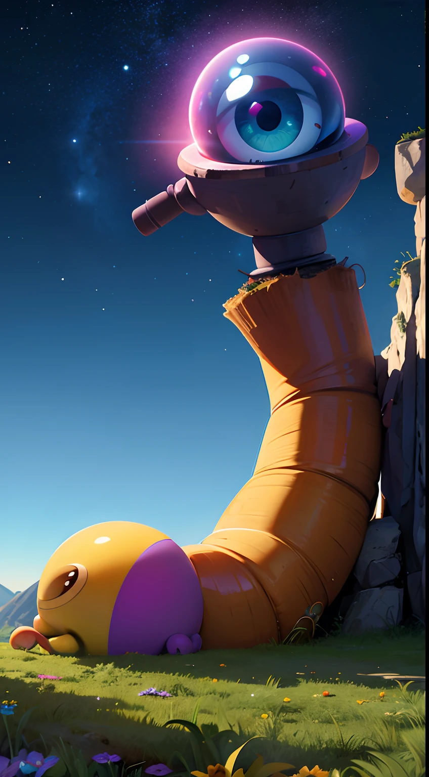 (ultra-detailed, highres, best quality, realistic, vivid colors), cute one eyed alien, minions dancing in the air, running around, gather with friends, green blue and purple, sitting in a classic char, enjoying view, extraterrestrial being, photography , on terrain, nebulae sky, ((best shadow)), best quality