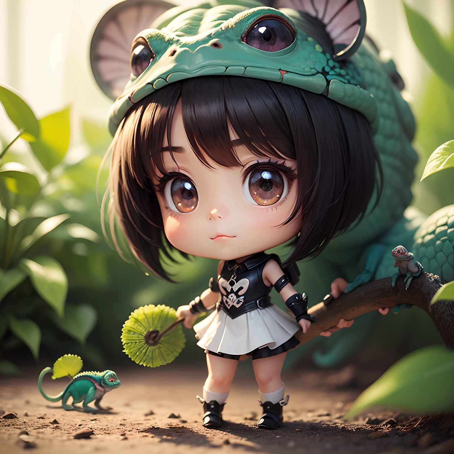 ​masterpiece、top-quality、ultra-detailliert、(Chibi Chameleon's Daughter:1.2)、Slippery skin、Stepping on the leaves