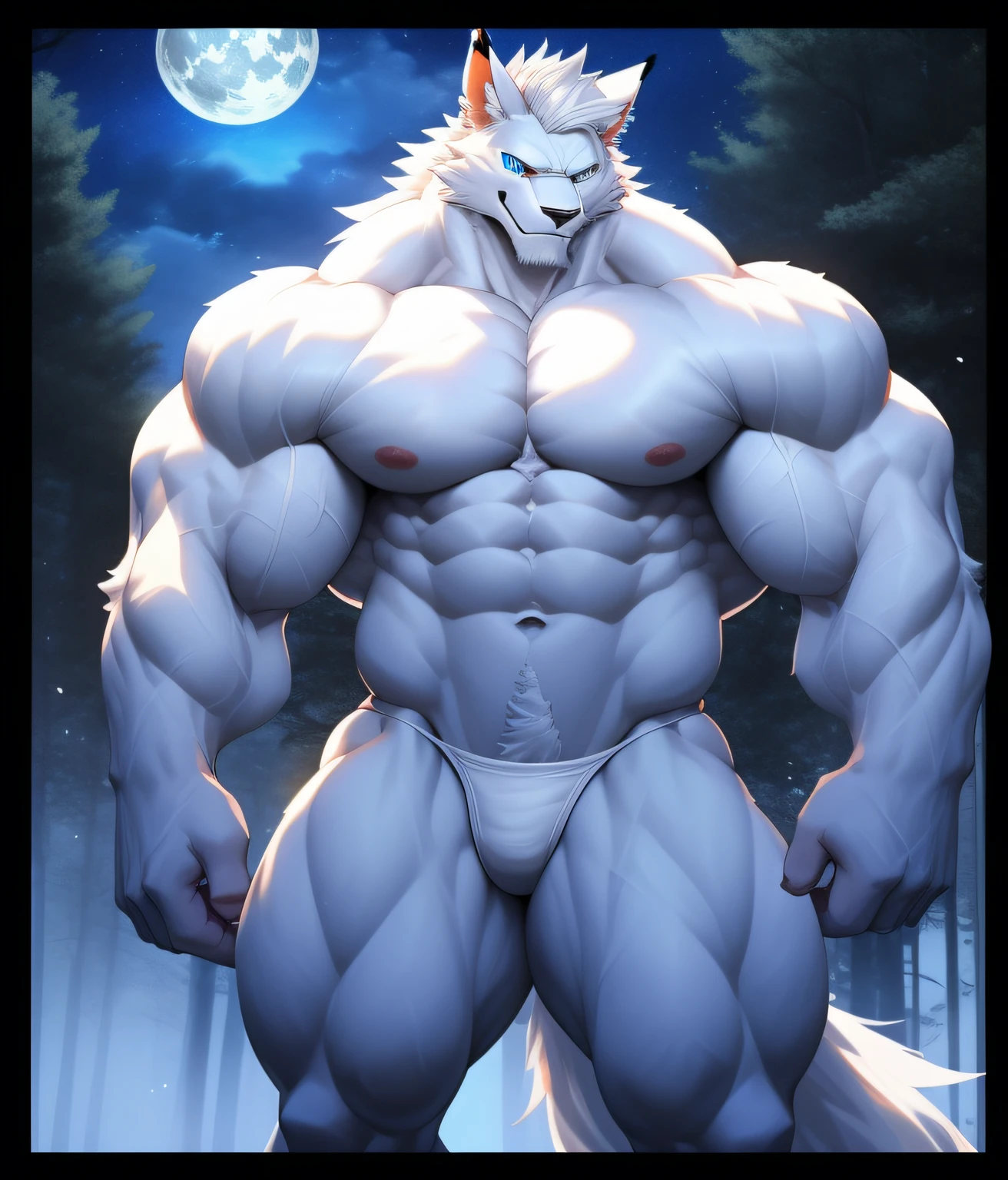 PRO competitive bodybuilder, nj5furry, (Albino Leomon, massive, huge, muscular, Gigachad), (((((WHITE THONG))))) (((((WHITE FUR, WHITE HAIR, WHITE MANE, WHITE SKIN))))) Albino Leomon, ((extremely realistic shadows, masterpiece, extremely detailed, photorealistic)), kemono, looking at the viewer, ((FRONT)), kind smile, kind expression, Albino Leomon, ((detailed face)) nose, Blue eyes, ((detailed eyes)), albino skin, albino fur, albino hair, albino mane, skin, fur, height 3 meters high, the optimal height, tight clothing, 300 kg, body full of huge muscles; muscle and bulge pecs, ripped abs, V-shaped body, thick waist, long legs, strong arms manly, handsome face, attractive cool calm face type with a kindsmile, topless. Misty forest, night, moon, moon rays, stars, nebula; bulge in the crotch, wears a small white string thong that reveals huge, muscular thighs, (((she wears a very tight little white string thong))), bulging biceps. A muscular bodybuilder in the making. A potential PRO competitive bodybuilder and bulging neck. ((Almost naked))