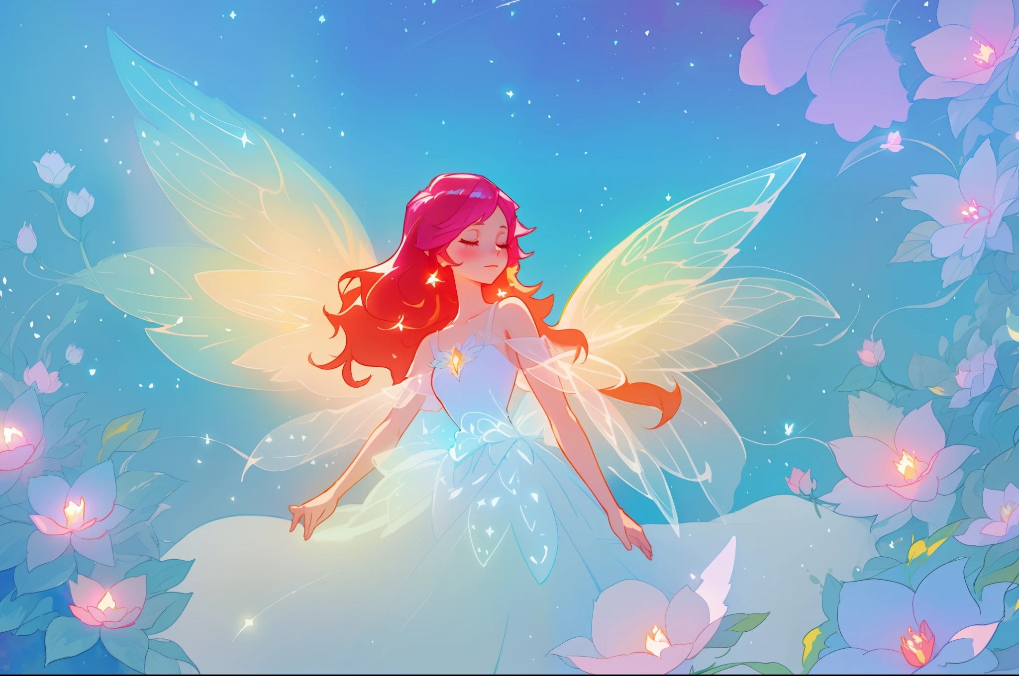 beautiful girl in flowing white dress, (glowing fairy wings), glowing flowing ballgown, long wavy hair, sparkling fairy wings, watercolor illustration, flowers and colorful plants, inspired by Glen Keane, inspired by Lois van Baarle, disney art style, by Lois van Baarle, glowing aura around her, by Glen Keane, jen bartel, glowing lights! digital painting, flowing glowing hair, glowing flowing hair, beautiful digital illustration, fantasia otherworldly landscape plants flowers, beautiful, masterpiece, best quality, anime disney style