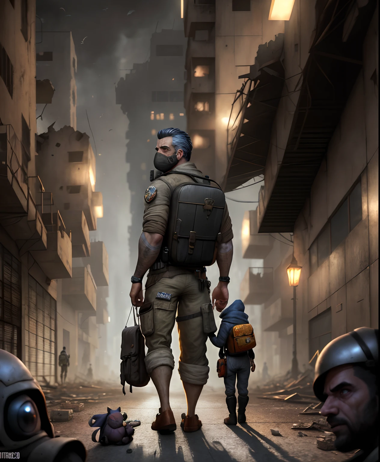 retrato de um lindo garotinho, is looking back over his shoulder, usando uma mochila, holding a rag doll in his hand, dystopian city in ruins, rim lighting, por Greg Rutkowski e Thomas Kinkade, foco afiado, 4k, 8k, trending in the artstation