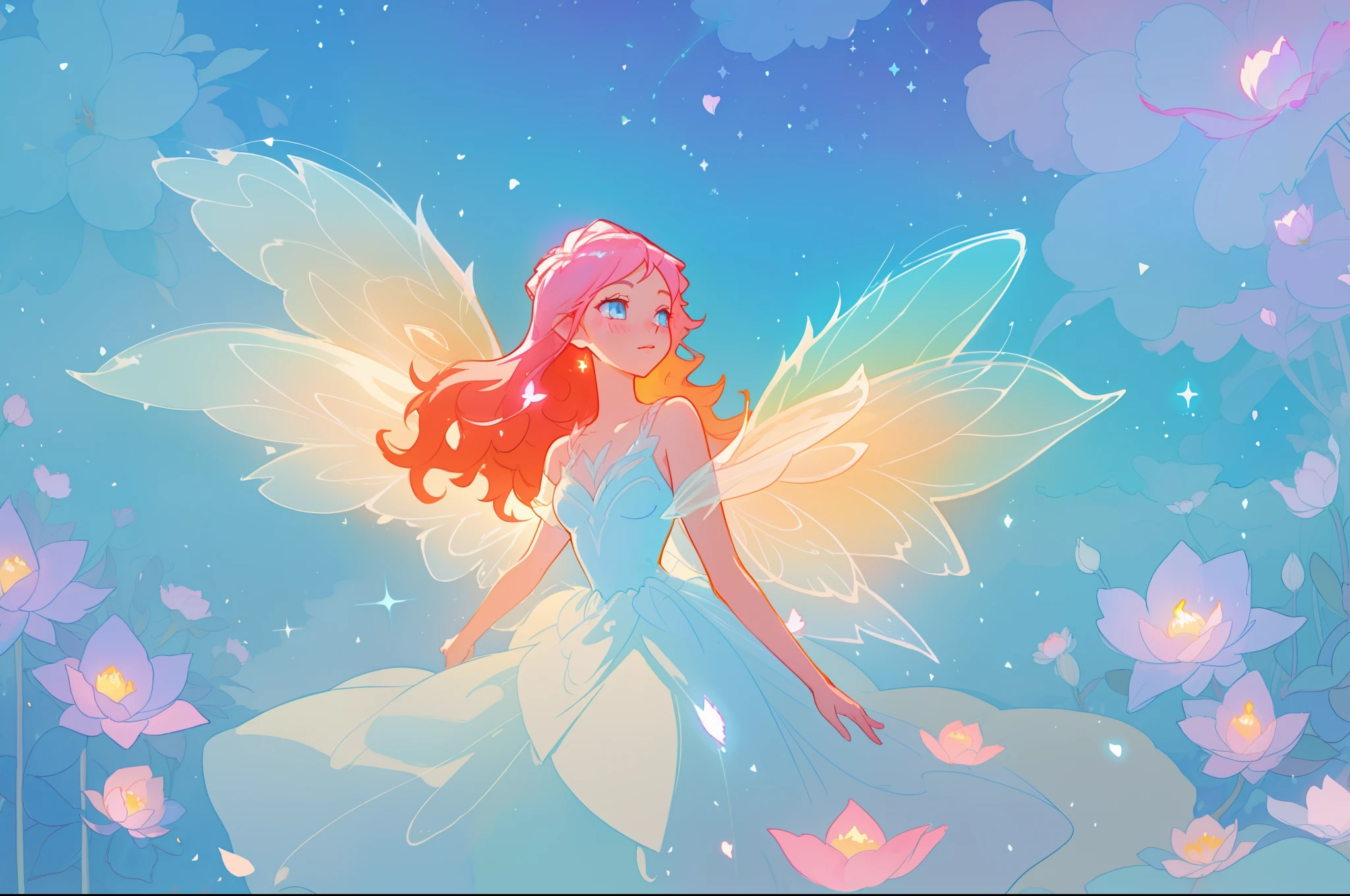 beautiful girl in flowing white dress, (glowing fairy wings), glowing flowing ballgown, long wavy hair, sparkling fairy wings, watercolor illustration, flowers and colorful plants, inspired by Glen Keane, inspired by Lois van Baarle, disney art style, by Lois van Baarle, glowing aura around her, by Glen Keane, jen bartel, glowing lights! digital painting, flowing glowing hair, glowing flowing hair, beautiful digital illustration, fantasia otherworldly landscape plants flowers, beautiful, masterpiece, best quality, anime disney style