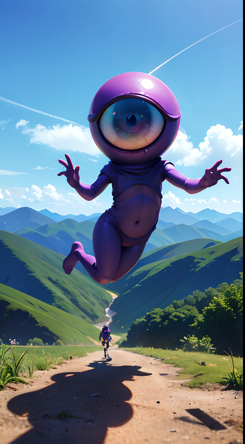 (ultra-detailed, highres, best quality, realistic, vivid colors), cute one eyed alien, 8 minions dancing in the air, running around, gather with friends, green blue and purple, sitting in a classic char, enjoying view, extraterrestrial being, photography , on terrain, nebulae sky, ((best shadow)), best quality