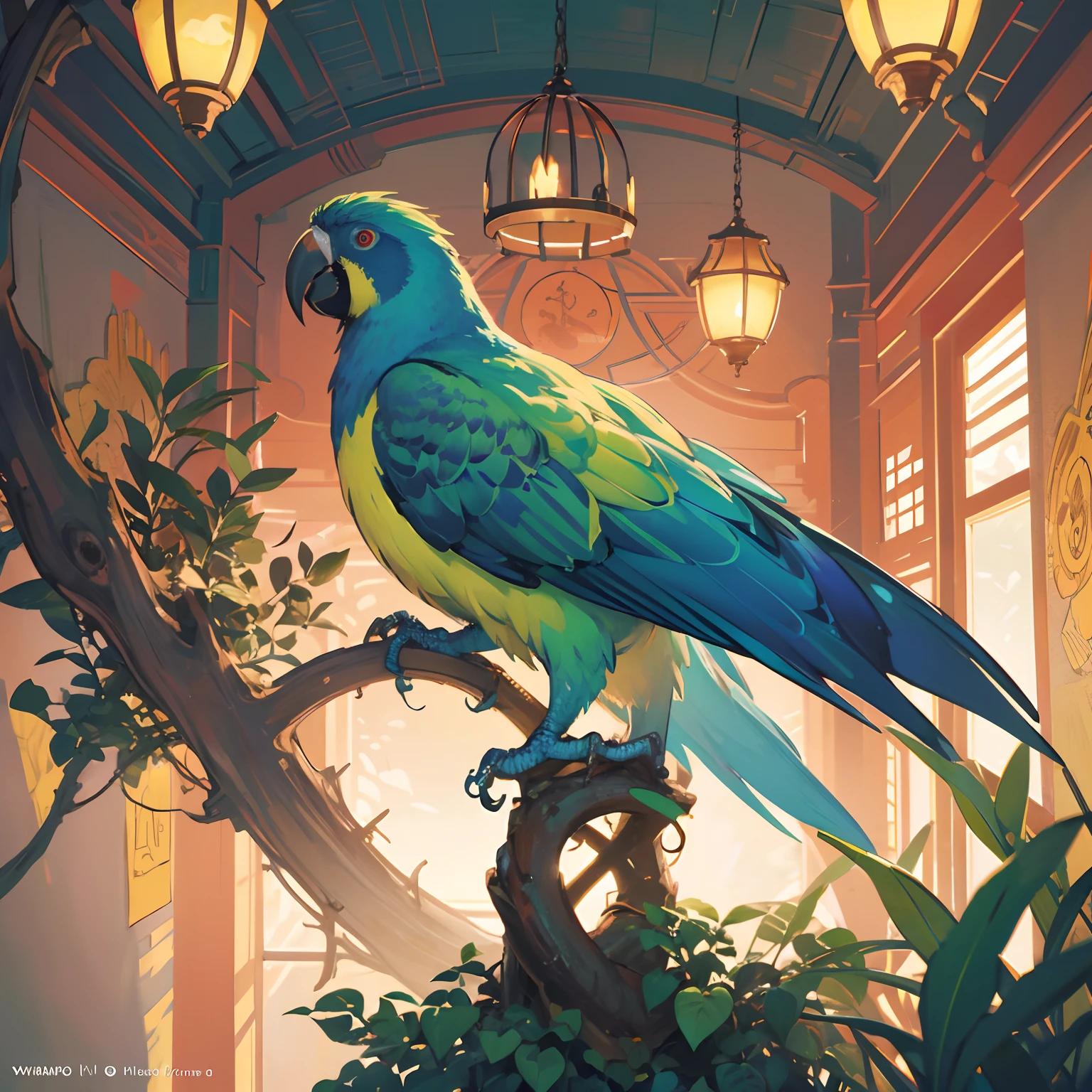 Colorful parrot playing in a birdcage, (Best Quality, hight resolution,anime illustrated), Vivid colors, Detailed plumage, Exotic, Artistic portrait, Beautiful textures, Realistic lighting, Tropical Vibes, Eye-catching composition, Fine brushwork, vibrant environment, Lively atmosphere, Intricate details, Eye-catching plumage, Vibrant Patterns, playful expression, Complex cage design, Fun movement,