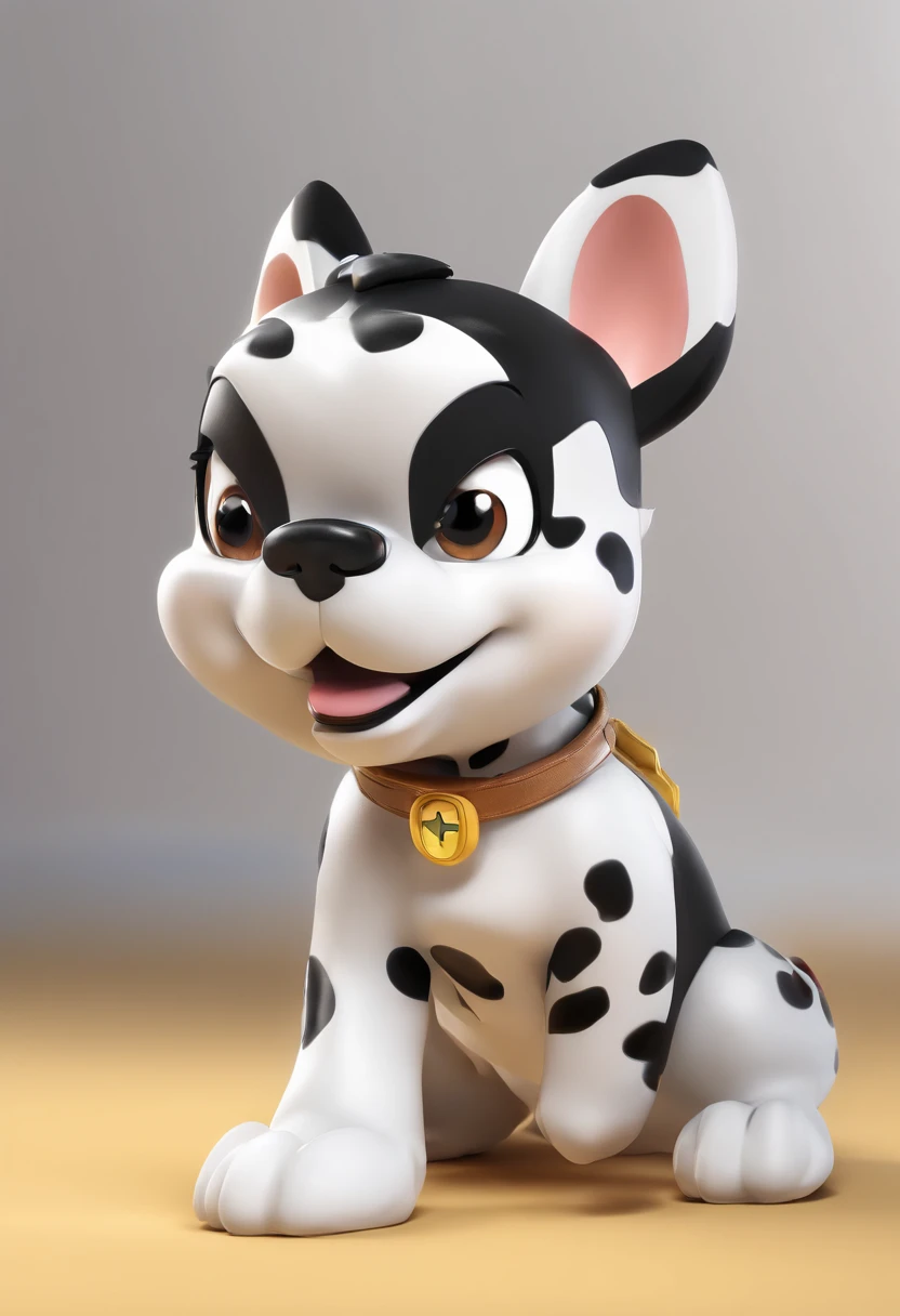 (Boston Dog), Character design, Boston Terrier, (Black and white color scheme,Mixed leopard print,Stereoscopic ears )Super cute blind box style, Lovely, full bodyesbian, Happy expressions and movements, Clean background, Studio lighting, Atmospheric lighting, The texture is delicate, High detail, high resolution, C4D, 。.3D, blender, 8K, Best quality, hyper HD