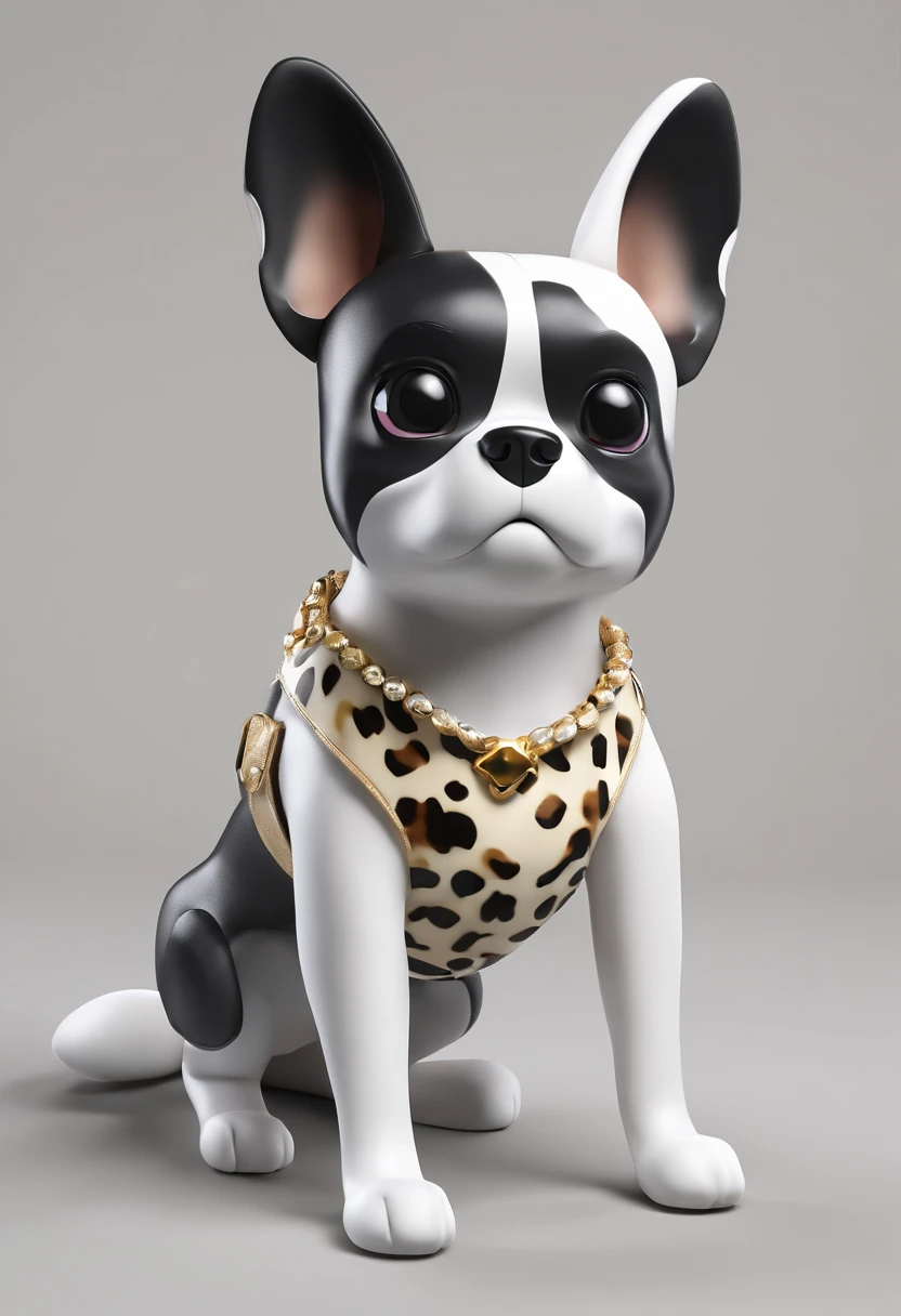 (Boston Dog), Character design, Boston Terrier, (Black and white color scheme,Mixed leopard print,Stereoscopic ears )Super cute blind box style, Lovely, full bodyesbian, Happy expressions and movements, Clean background, Studio lighting, Atmospheric lighting, The texture is delicate, High detail, high resolution, C4D, 。.3D, blender, 8K, Best quality, hyper HD