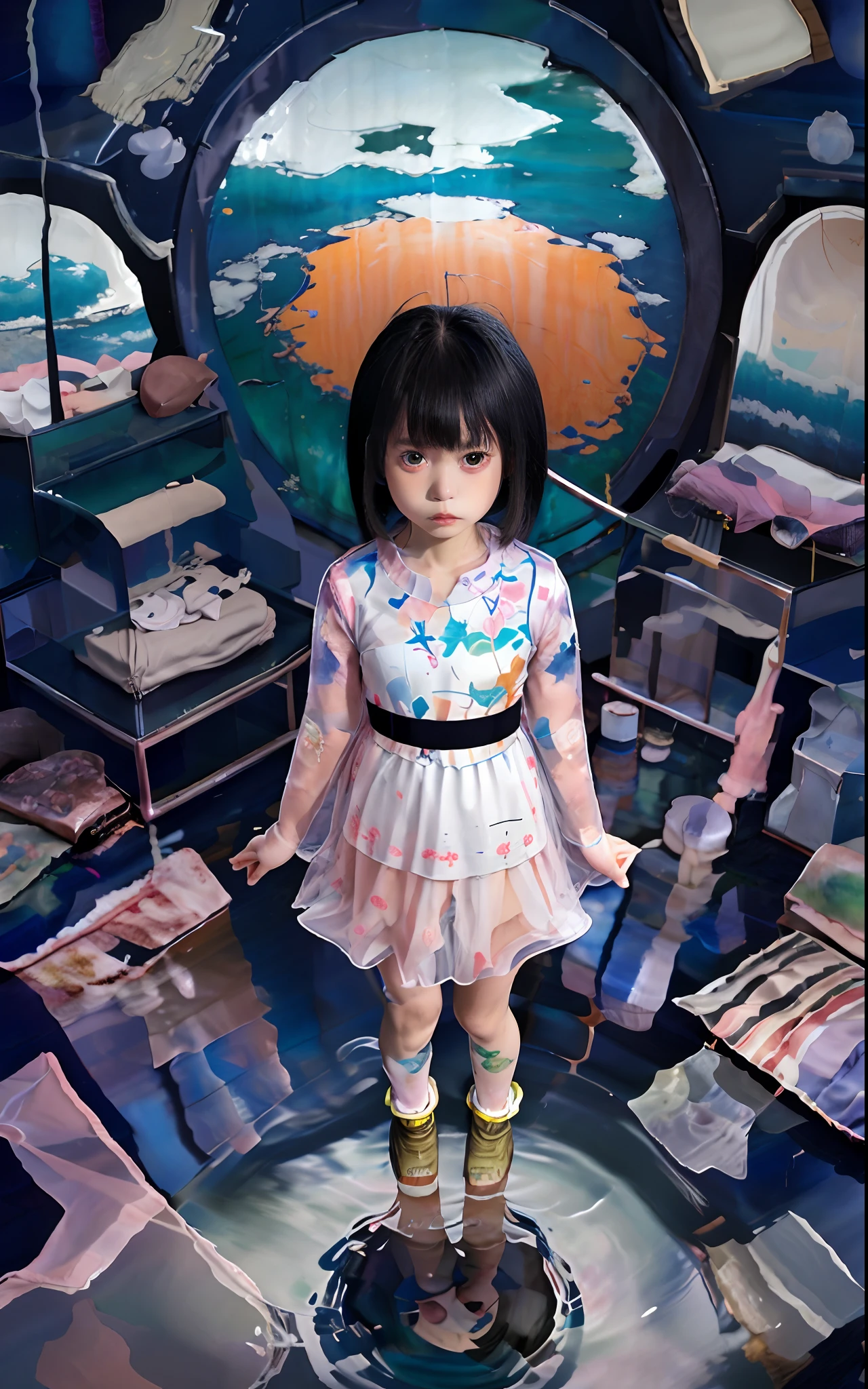 Painting of a  standing in a room with a mirror, junji ito 4 k, inspired by Josan Gonzalez, pop japonisme 3 d ultra detailed, by Jason Teraoka, josan gonzales, makoto shinkai cyril rolando, In the style of Katsuhiro Otomo, shintaro kago, satoshi kon artstyle