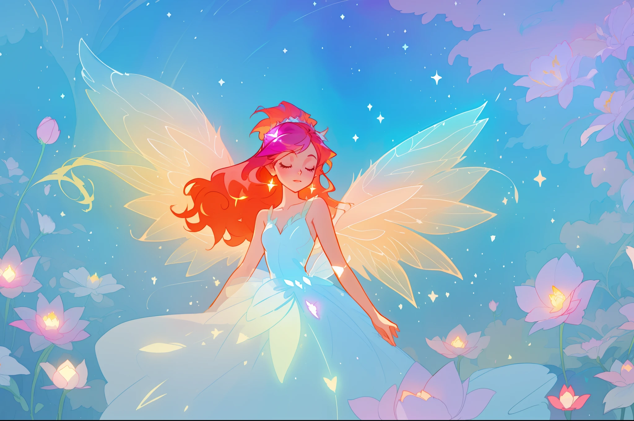beautiful girl in flowing white dress, (glowing fairy wings), glowing flowing ballgown, long wavy hair, sparkling fairy wings, watercolor illustration, flowers and colorful plants, inspired by Glen Keane, inspired by Lois van Baarle, disney art style, by Lois van Baarle, glowing aura around her, by Glen Keane, jen bartel, glowing lights! digital painting, flowing glowing hair, glowing flowing hair, beautiful digital illustration, fantasia otherworldly landscape plants flowers, beautiful, masterpiece, best quality, anime disney style