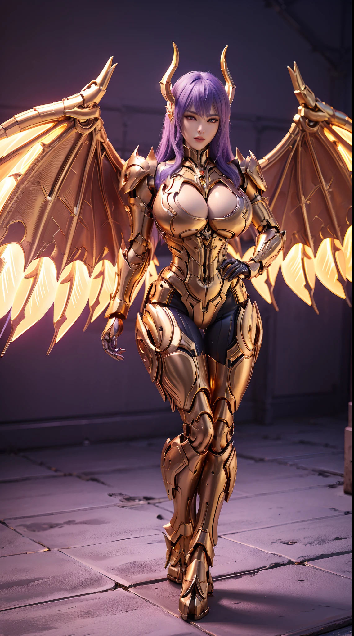(DRAGON HEAD), HUGE FAKE BOOBS, (BEAUTIFUL FACE), (GOLD:1.2, WHITE:0.8, PURPLE:0.9), (MECHA ARMORED GEAR), (((A PAIR OF HUGE MECHANICAL WINGS SPREAD OUT))), FUTURISTIC DRAGON MECHA SUIT, (CLEAVAGE), (SKINTIGHT YOGA PANTS), (HIGH HEELS), (PERFECT BODY:1.2), (FULL BODY VIEW), FRONT, (STANDING:1), SEXY MUSCULAR BODY, MUSCLE ABS, UHD, 8K, 1080P.