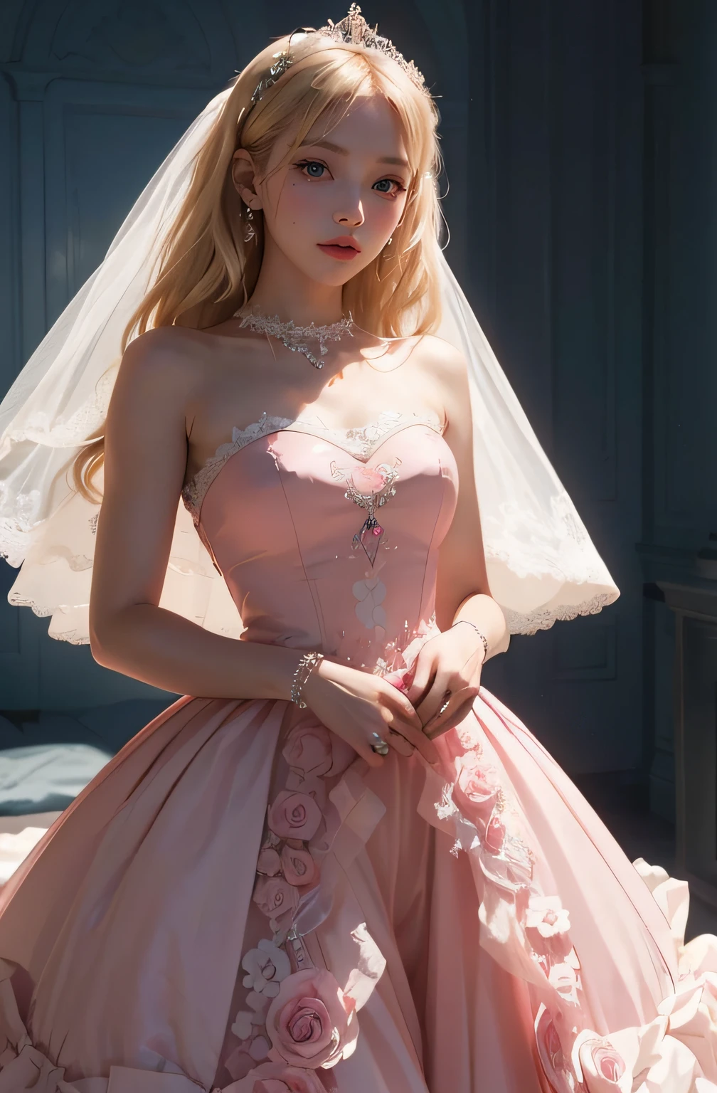 Photo of a beautiful blondy girl in a pink dress posing for a picture, inspired by Lillian Bassman, tumblr, romanticism, verawang couture, elegant dress, wearing a wedding dress, kiko mizuhara :: the future background with big pink funnels :: ultra realistic :: 8k
