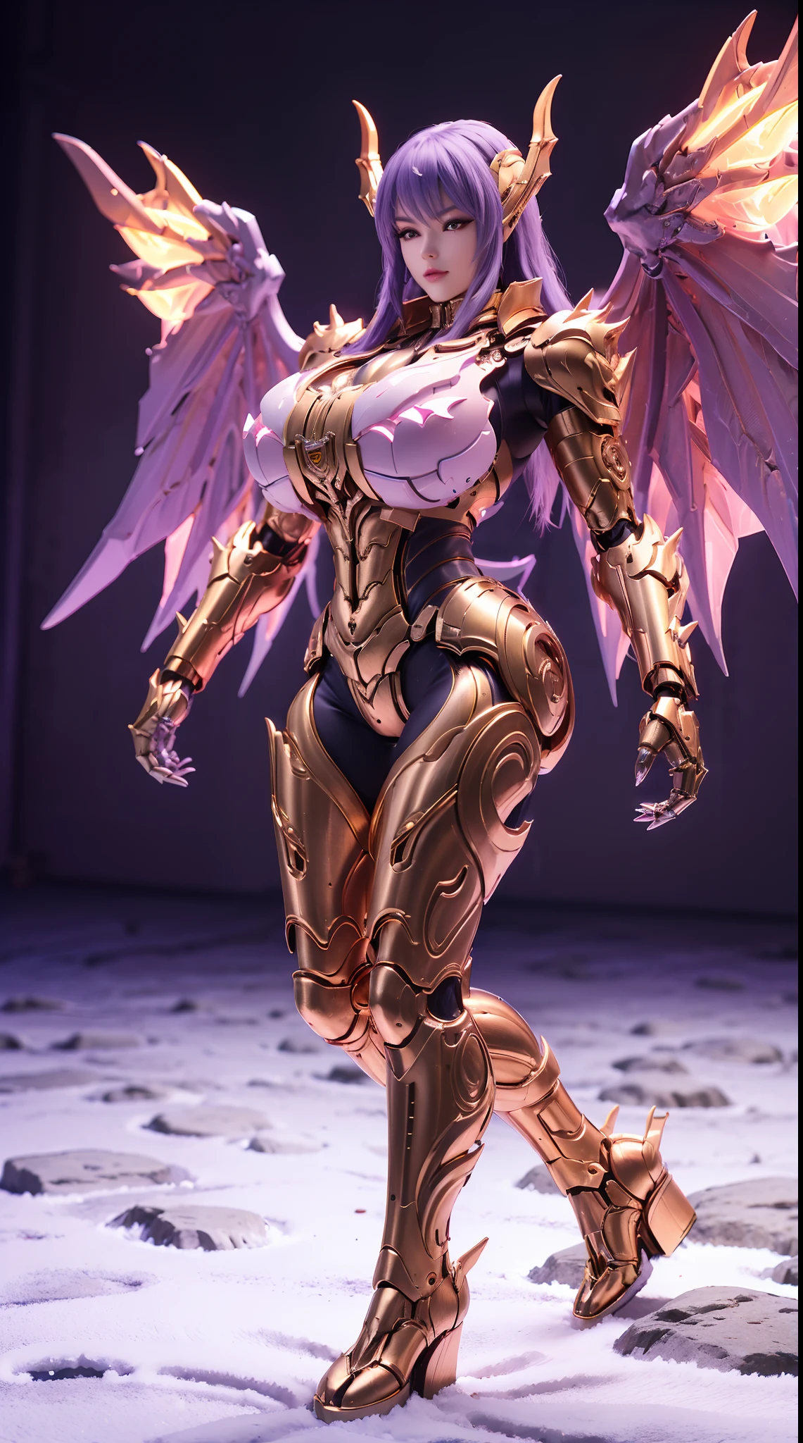 (DRAGON HEAD), HUGE FAKE BOOBS, (BEAUTIFUL FACE), (GOLD:1.2, WHITE:0.8, PURPLE:0.9), (MECHA ARMORED GEAR), (((A PAIR OF HUGE MECHANICAL WINGS SPREAD OUT))), FUTURISTIC DRAGON MECHA SUIT, (CLEAVAGE), (SKINTIGHT YOGA PANTS), (HIGH HEELS), (PERFECT BODY:1.2), (FULL BODY VIEW), FRONT, (STANDING:1), SEXY MUSCULAR BODY, MUSCLE ABS, UHD, 8K, 1080P.