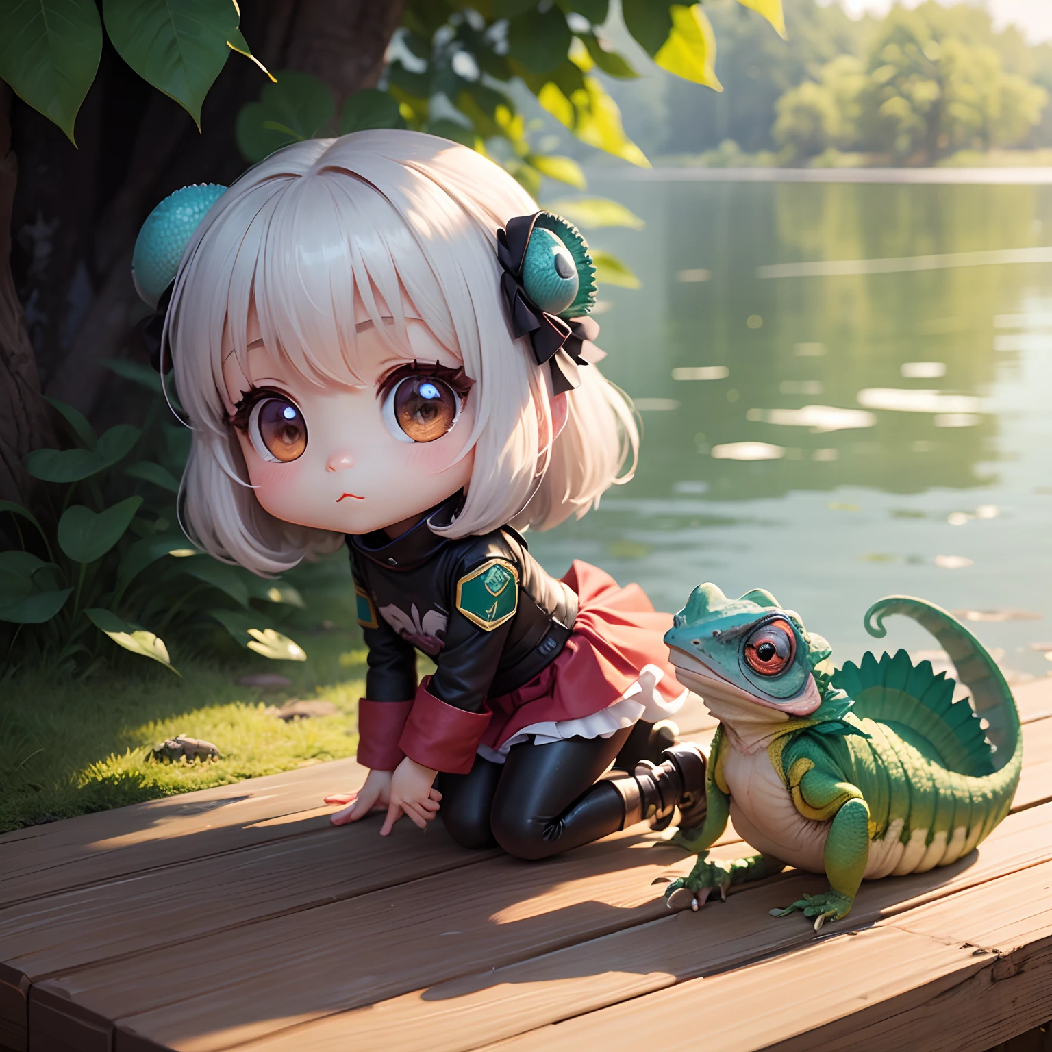 A cute chubby little girl with delicate facial features,By the stream,Holding a big frog,Lotus leaf