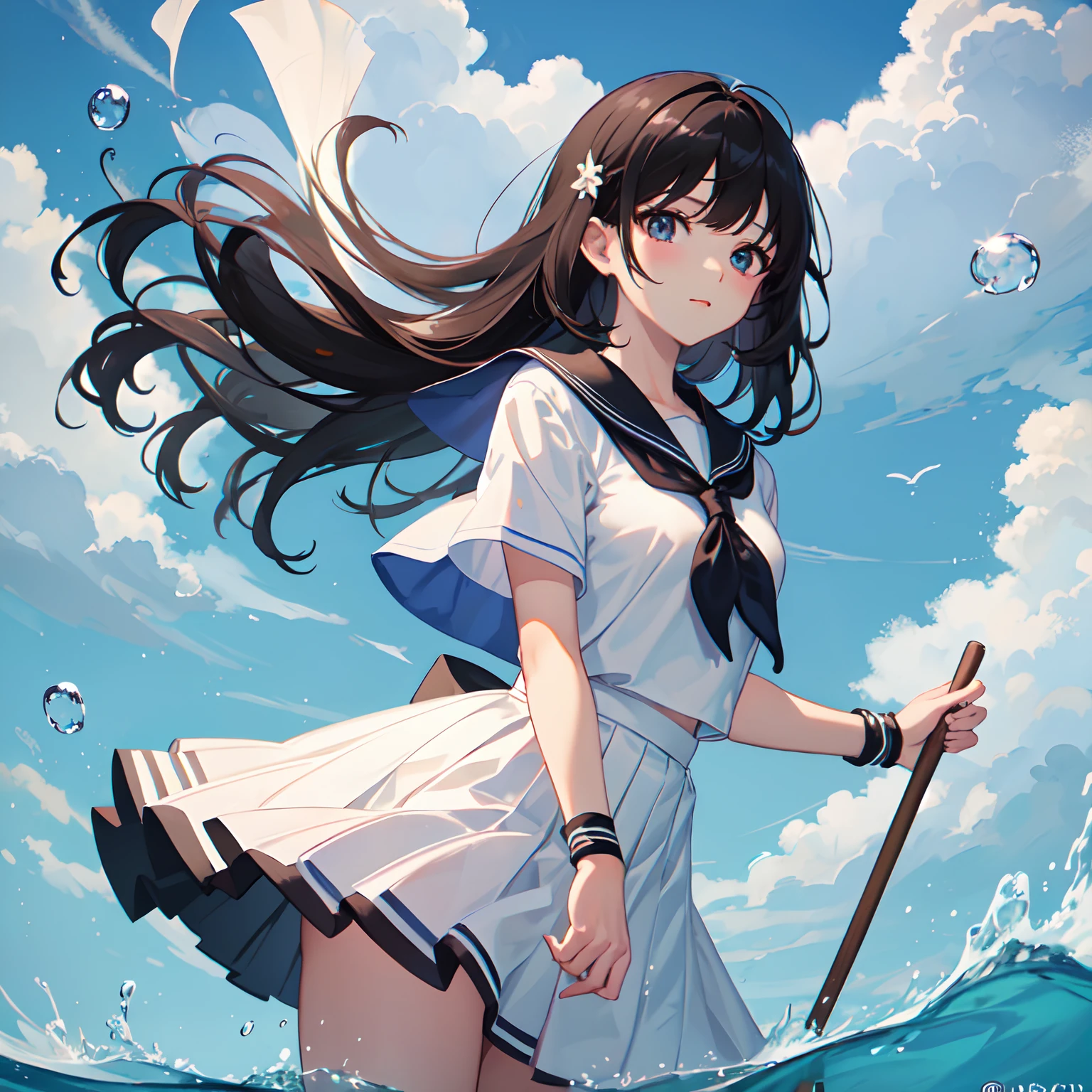 Super delicate and cute girl with black hair、a junior high school student、14years、8K Ultra High Definition, Delicate texture,Medium Hair、Bubble, evaluation:safety, Air bubbles, under the water, AngelT, Water is gone, 校服, a sailor suit, 独奏, Eau, skirt by the, neckerchief, shortsleeves,(Impressions:1.4),