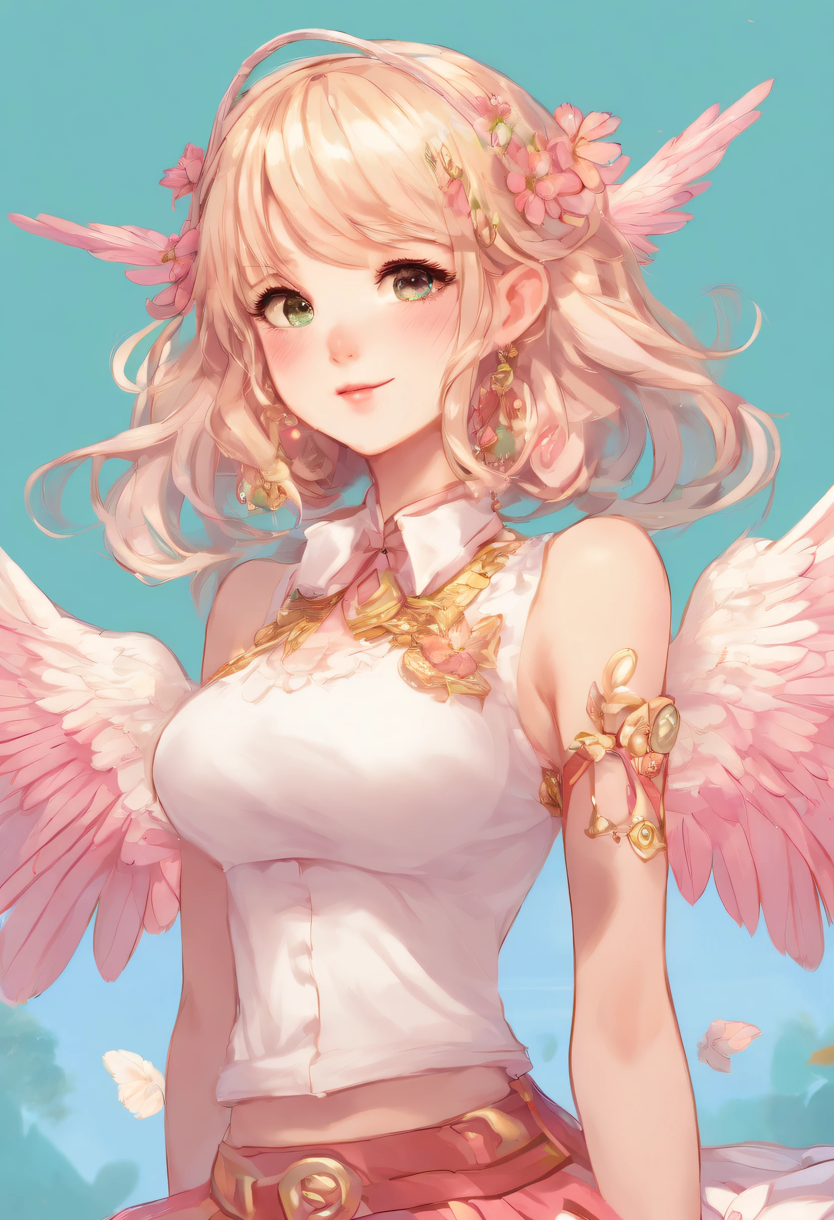 girl harpyja with wings, hair bobbles, wince, longeyelashes, solid circle eyes, light smile, ear blush, fang, drop shadow, pov, atmospheric perspective, 8k, super detail, accurate, best quality, white hair, cute sticker girl, anime, adult woman, wings, vtuber, abreast, oriental girl, perfect body proportions, intricate details, highly details.