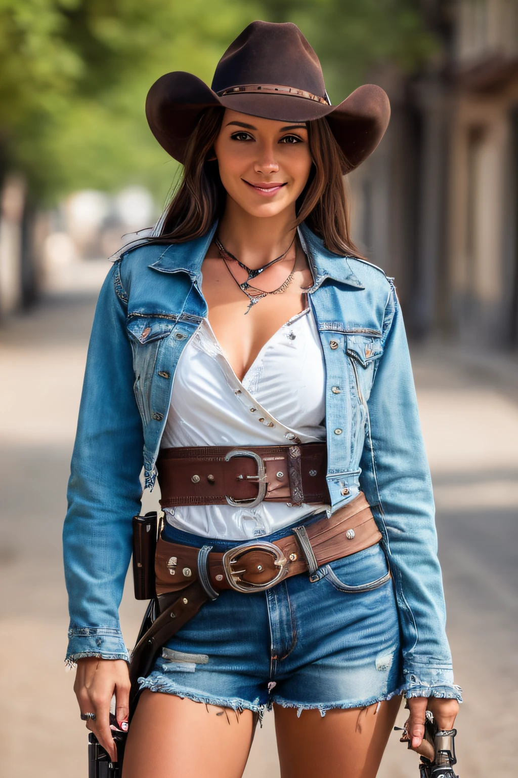 Townscape of the Wild West,Wasteland,Gunslinger Costume,Short leather jacket with open front,Torn and tattered white shirt,Torn and tattered damaged jeans,(Wrap the gun belt around your waist:1.3),(gun holster:1.3),Equipped with a Winchester rifle on the chest,Cowboy Hat,(Generate images of globally beautiful women,Especially while reflecting elements of Western beauty,Woman with natural smile and attractive expression,Transparent skin,sparkle in eyes,Expresses an elegant atmosphere,(in 8K, Raw photo, Best Quality, masutepiece),bloom,Sunlight ,Cinematic lighting,(Realistic, Photorealsitic),