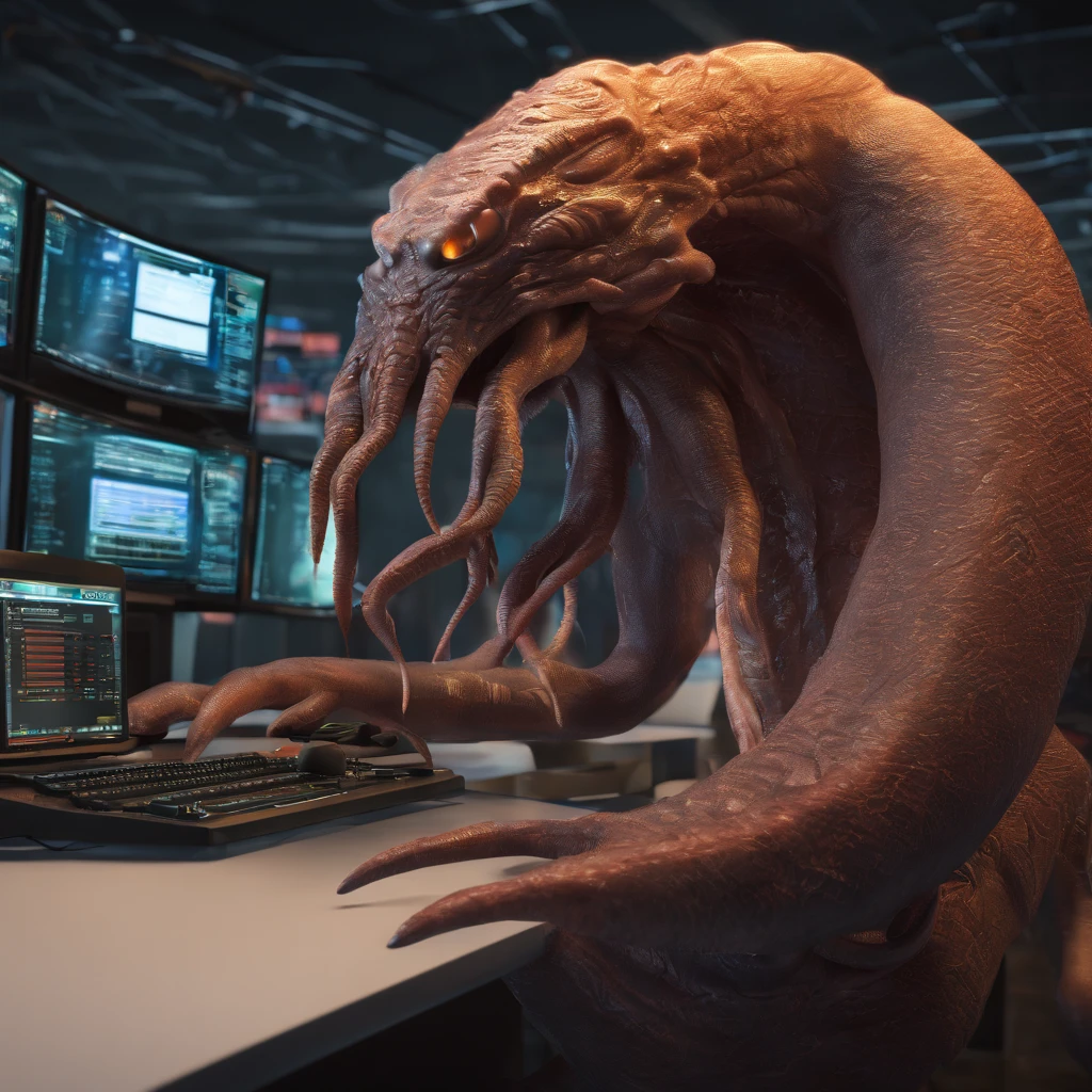 Lovecraftian creature, television news anchor, news desk, facing forward, monitors and computers in background