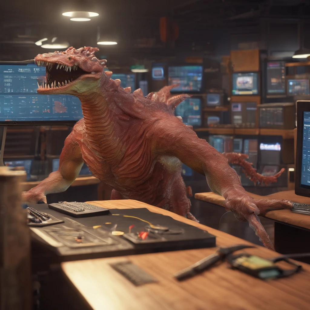 Lovecraftian creature, television news anchor, news desk, facing forward, monitors and computers in background
