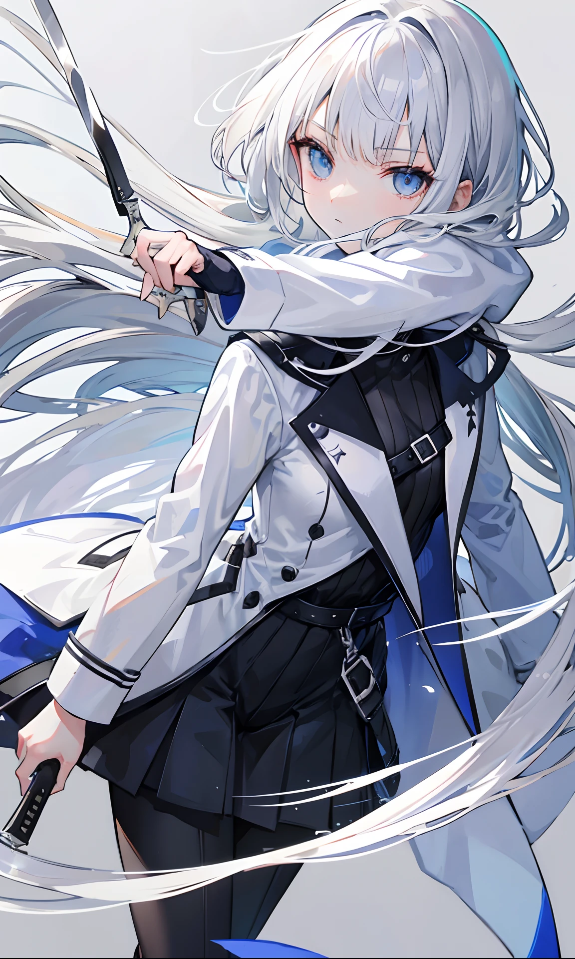 Cool knife-wielding woman，Wear white and silver clothes，She has long silver-white hair