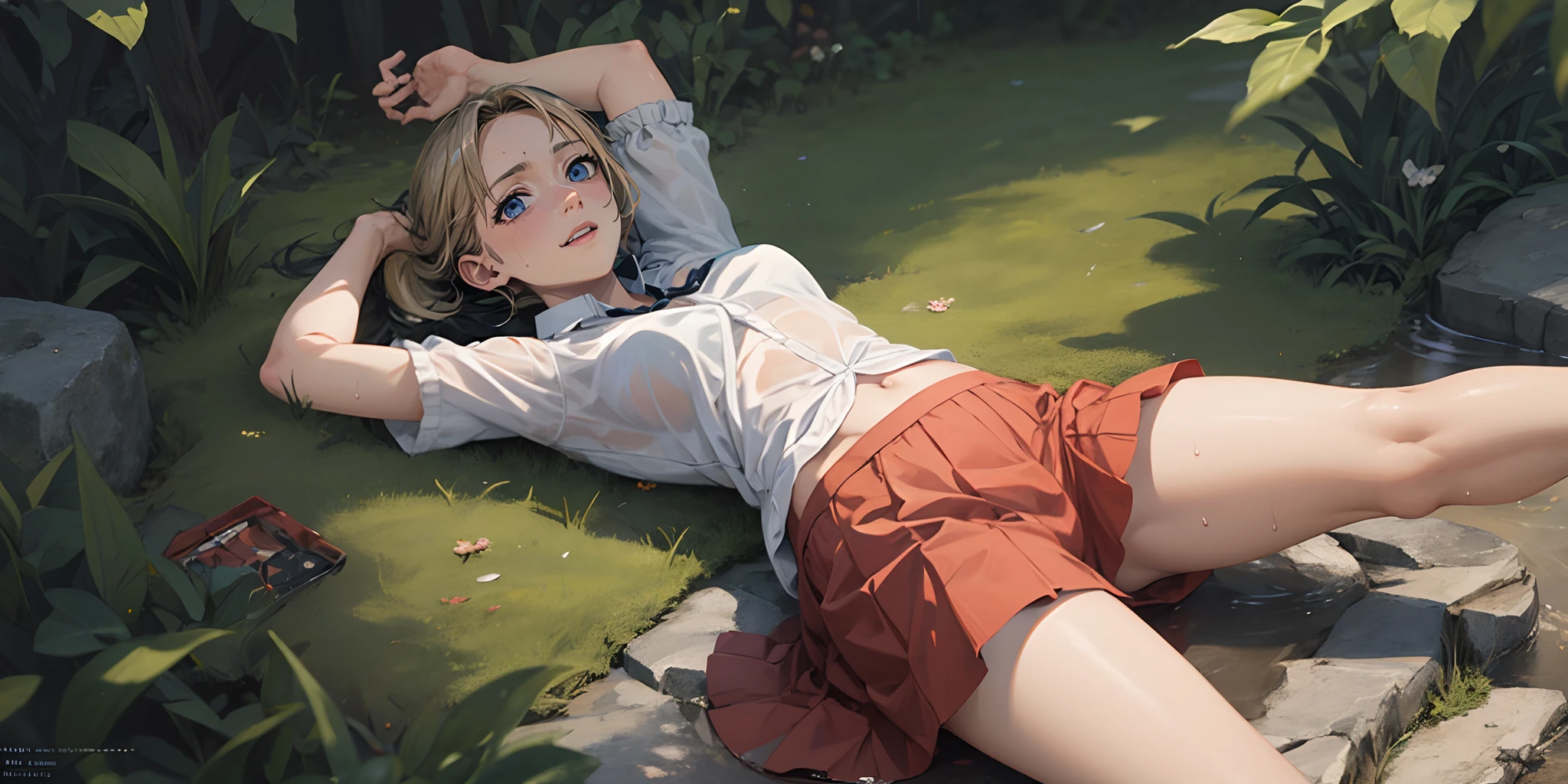 (blonde hair:1.4), blue eyes, low ponytail, (plump:1.2), 1girl, solo, wet, flower, lying, skirt, wet_clothes, see-through, on_back, looking_at_viewer, breasts, red_skirt, wet_shirt, shirt, outdoors, medium_breasts, water, blush, pleated_skirt, bare_legs, day, underwear, arms up, hands up, glow effects, godrays, Hand drawn, render, 8k, octane render, cinema 4d, blender, dark, atmospheric 4k ultra detailed, cinematic, Sharp focus, big depth of field, Masterpiece, colors, 3d octane render, 4k, concept art, trending on artstation, hyperrealistic, Vivid colors, extremely detailed CG unity 8k wallpaper, trending on CGSociety, Intricate, High Detail, dramatic"",,"